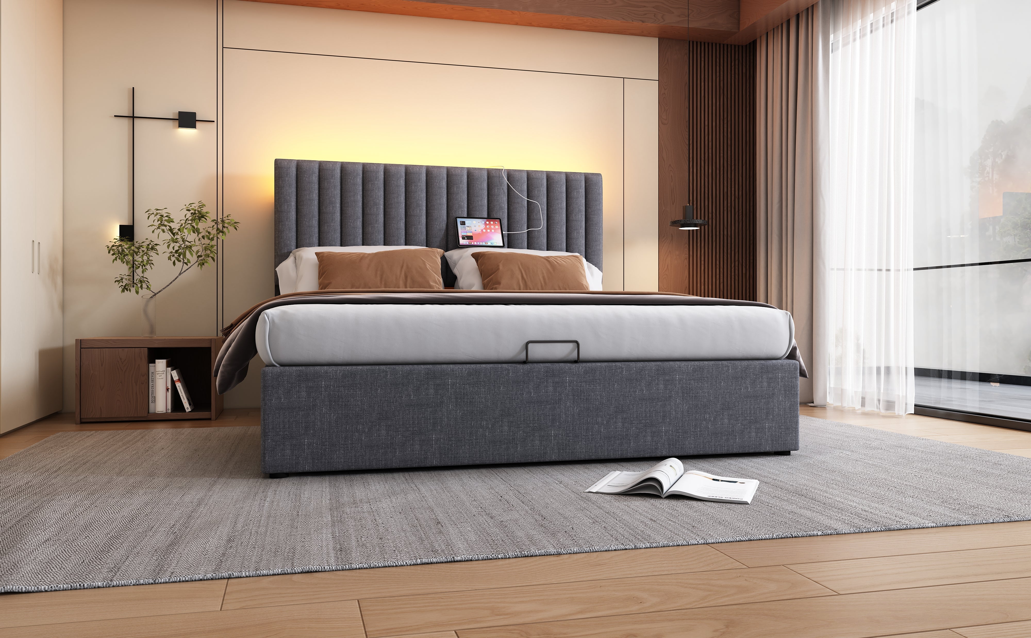 Logidon Upholstered Bed 160x200 cm Gray With Storage Space LED USB Type C