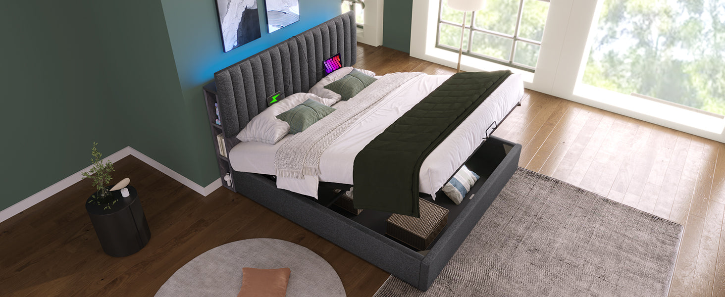 Logidon Upholstered Bed 160x200 cm Gray With Storage Space LED USB Type C