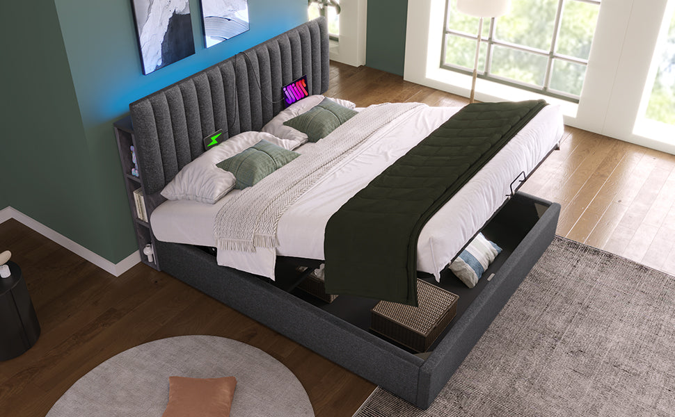 Logidon Upholstered Bed 160x200 cm Gray With Storage Space LED USB Type C