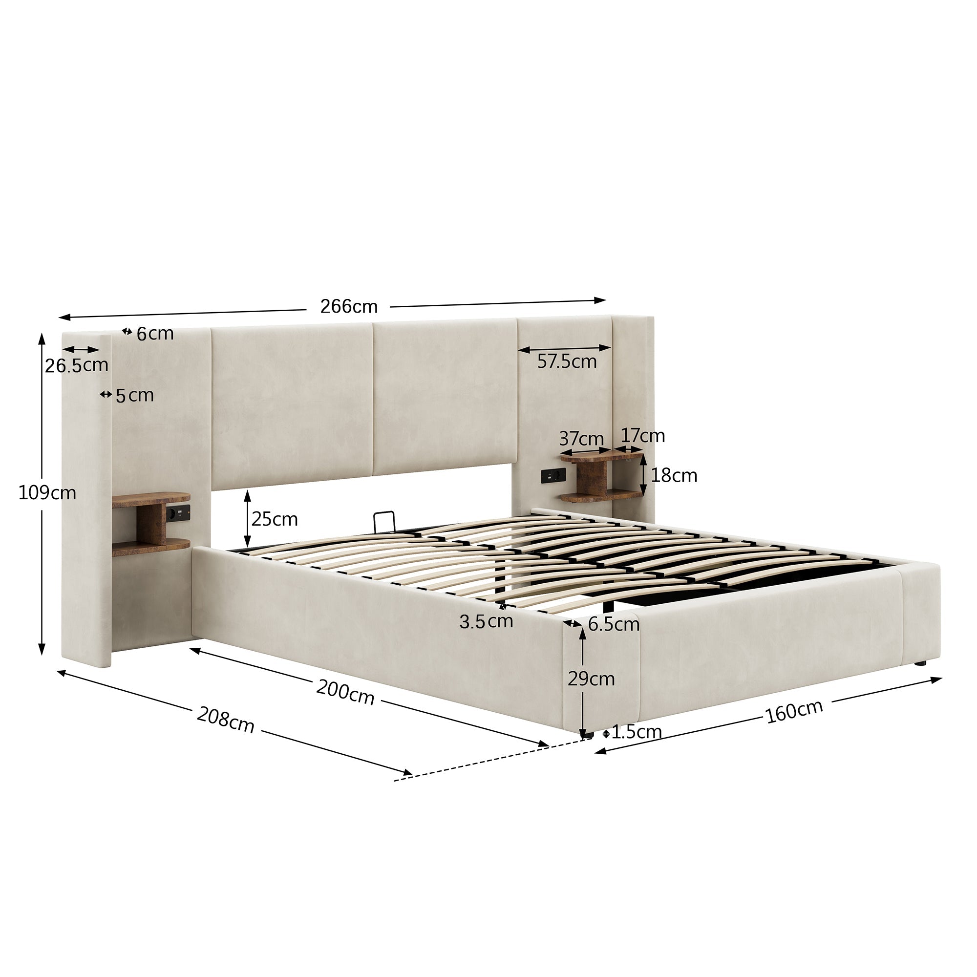 Logidon gestoffeerd bed 160x200 beige fluweel met USB-aansluitingen opbergruimte