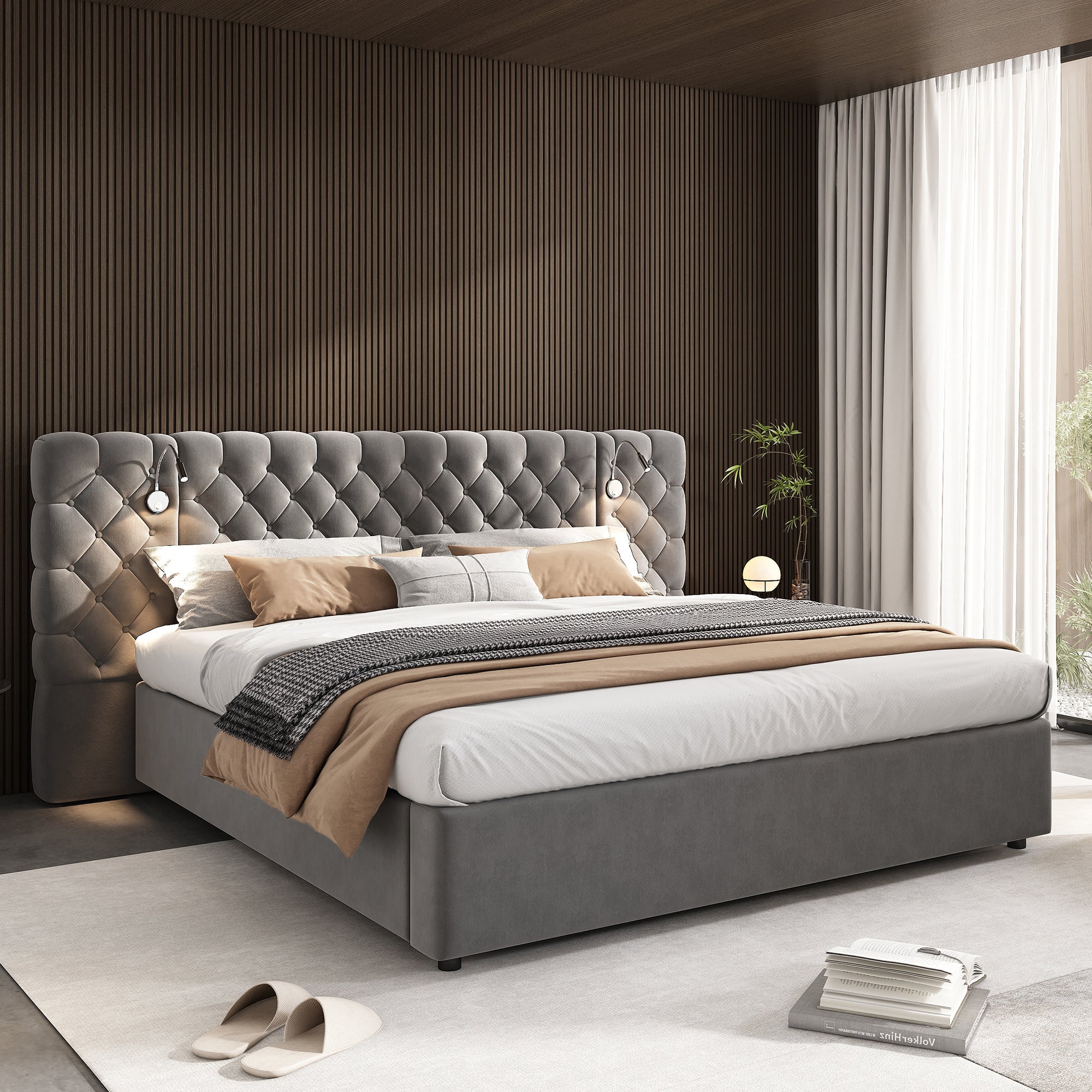 Logidon gestoffeerd bed 160x200 cm grijs fluweel opbergruimte LED verlichting hoofdeinde