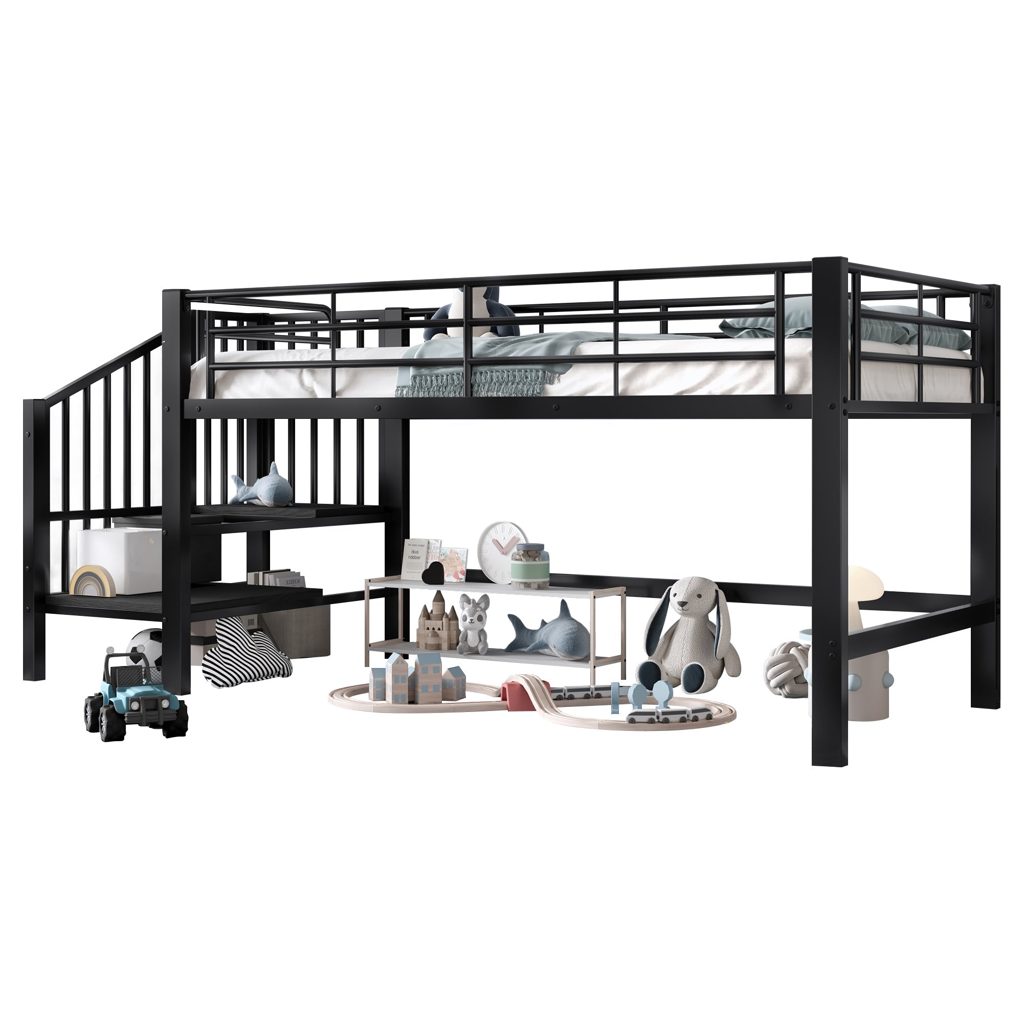 Logidon halfhoge hoogslaper 90 x 200 met opbergtrap zwart