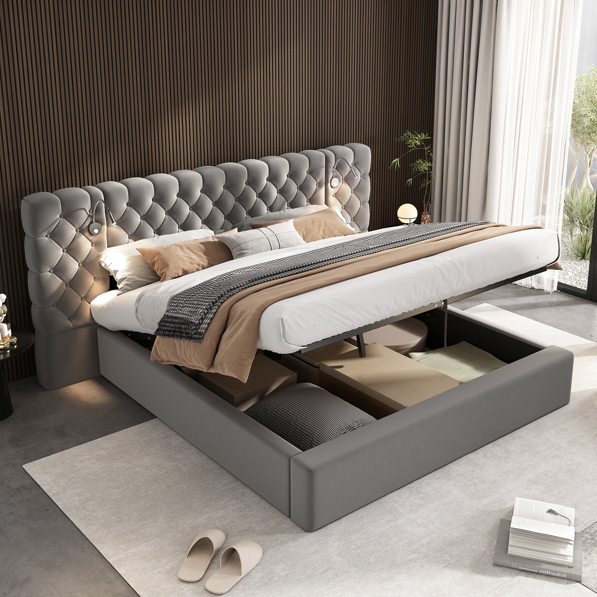 Logidon gestoffeerd bed 160x200 cm grijs fluweel opbergruimte LED verlichting hoofdeinde