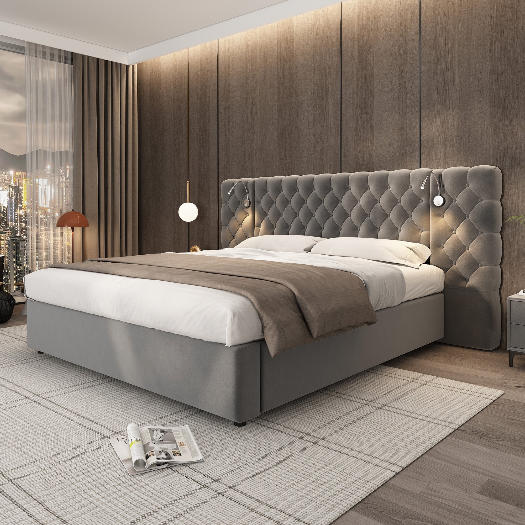 Logidon gestoffeerd bed 160x200 cm grijs fluweel opbergruimte LED verlichting hoofdeinde