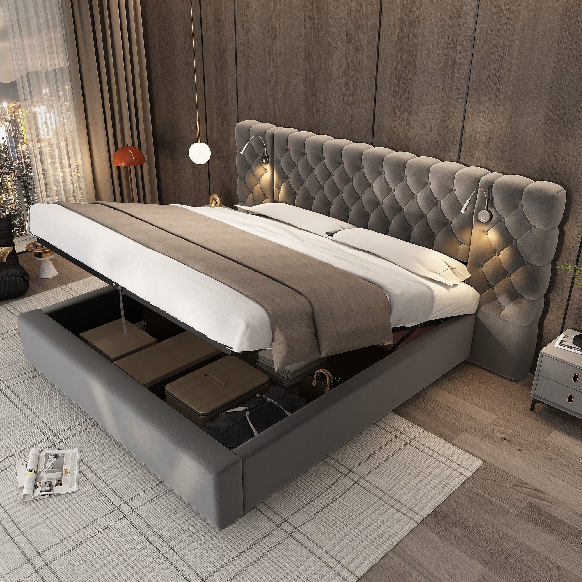 Logidon gestoffeerd bed 160x200 cm grijs fluweel opbergruimte LED verlichting hoofdeinde