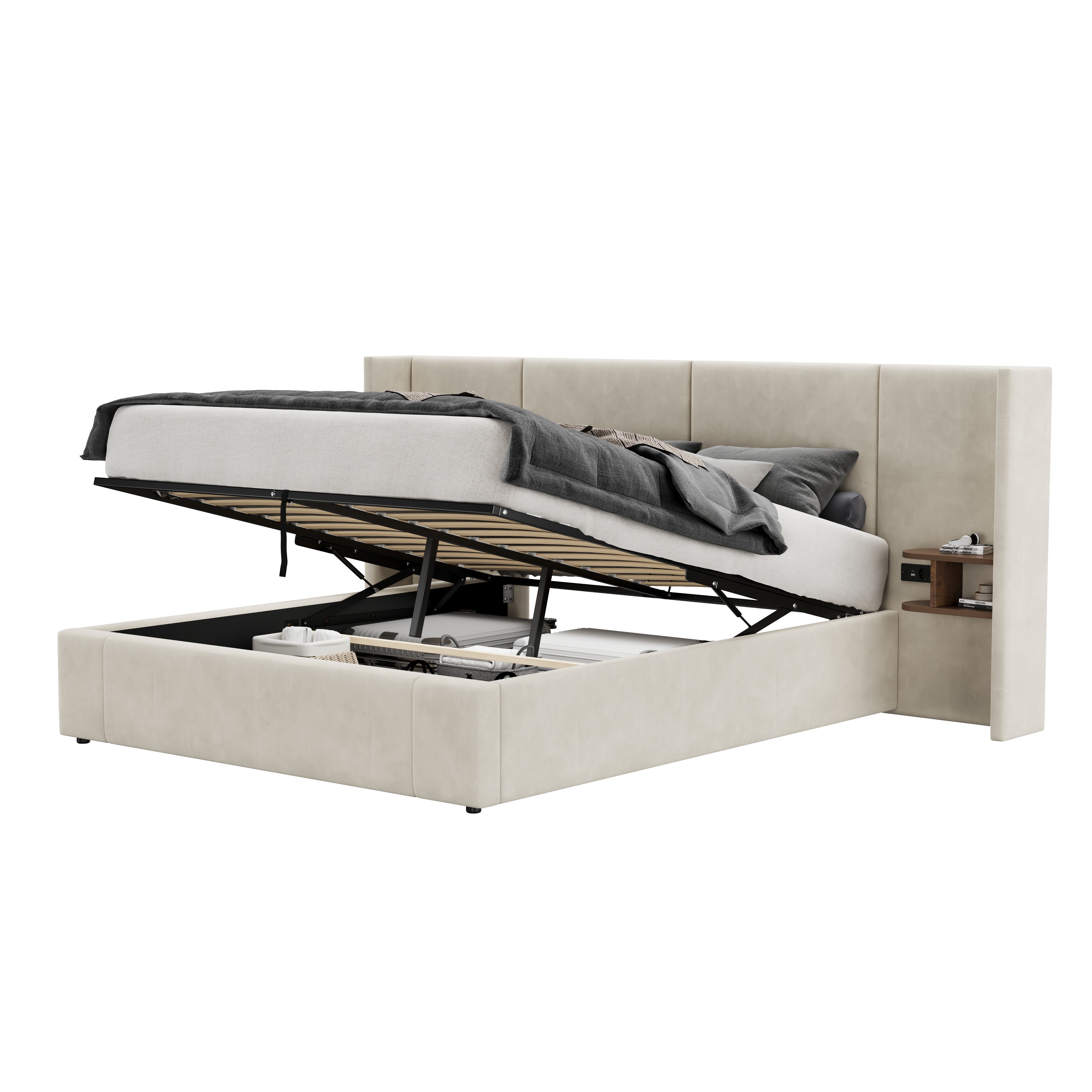 Logidon gestoffeerd bed 160x200 beige fluweel met USB-aansluitingen opbergruimte