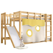 Logidon stapelbed naturel hout 90x200 met trapglijbaan bedgordijn