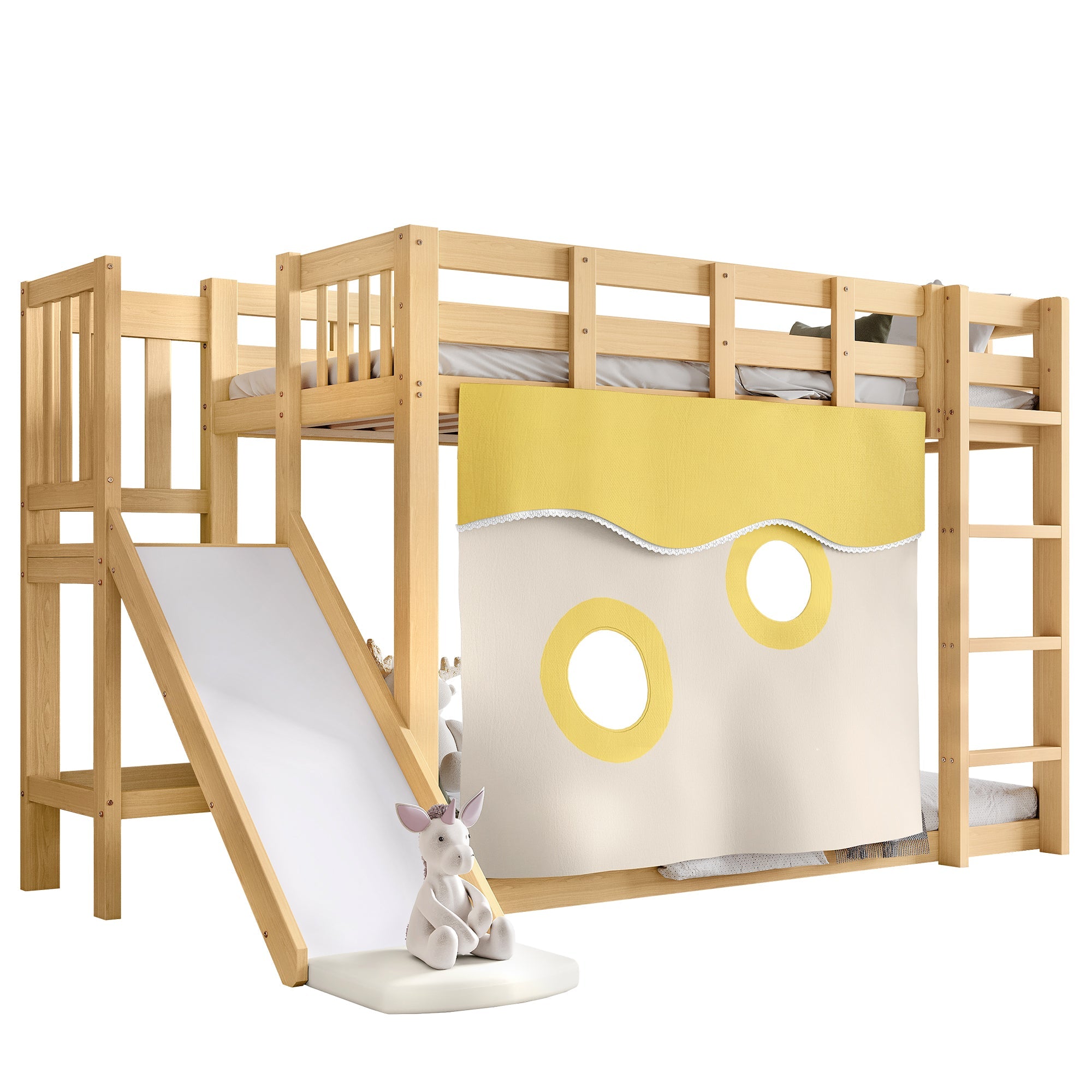 Logidon stapelbed naturel hout 90x200 met trapglijbaan bedgordijn