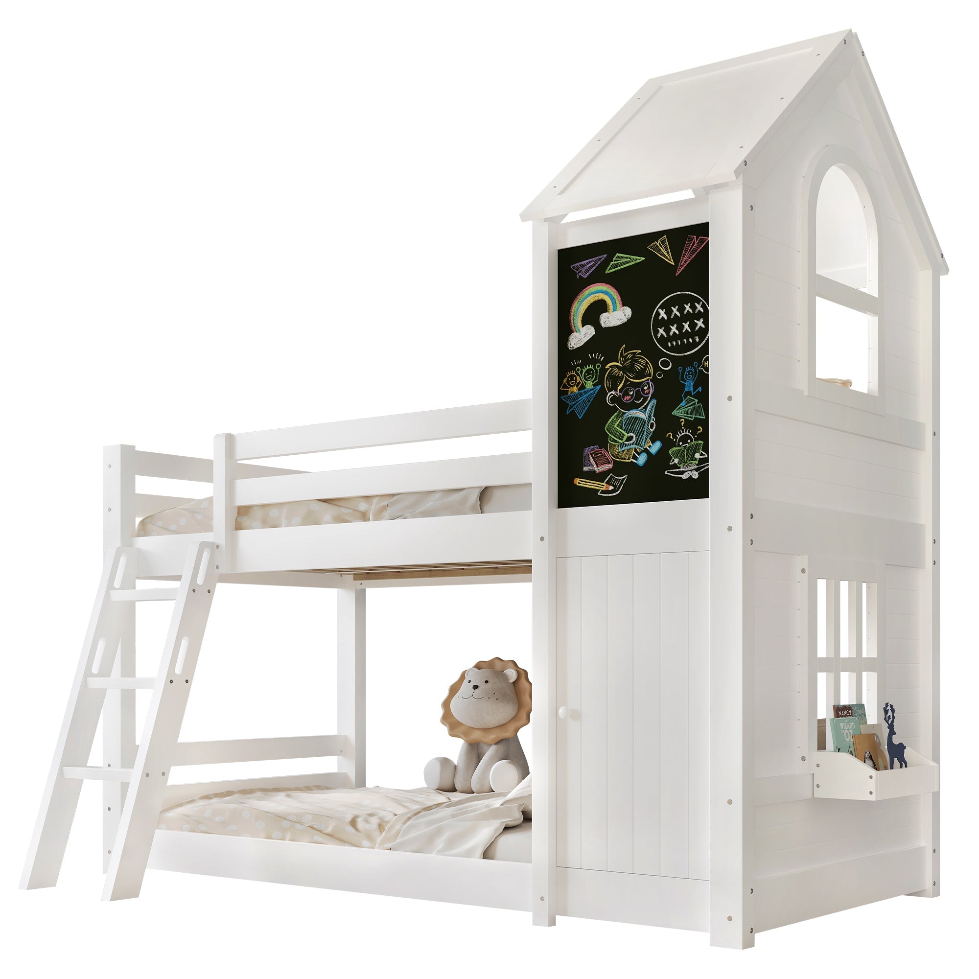 Logidon stapelbed wit 90x200 met deurpaneeldak en ladder