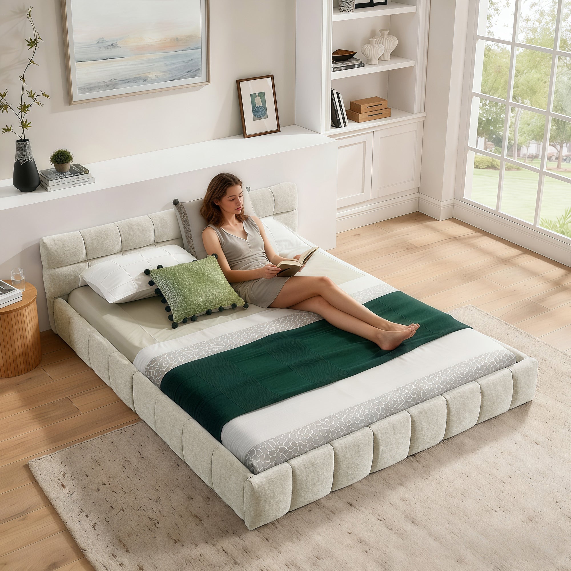 Logidon double bed 140x200 beige chenille eucalyptus wood metal frame