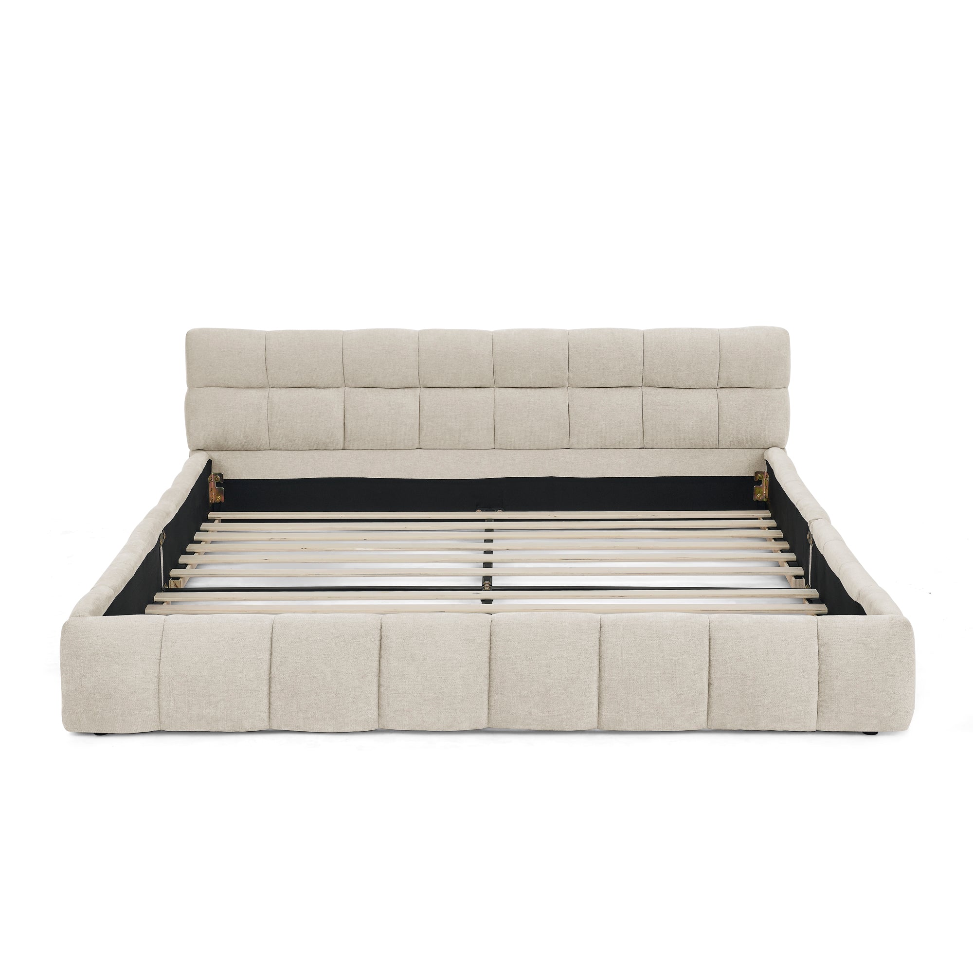 Logidon double bed 140x200 beige chenille eucalyptus wood metal frame