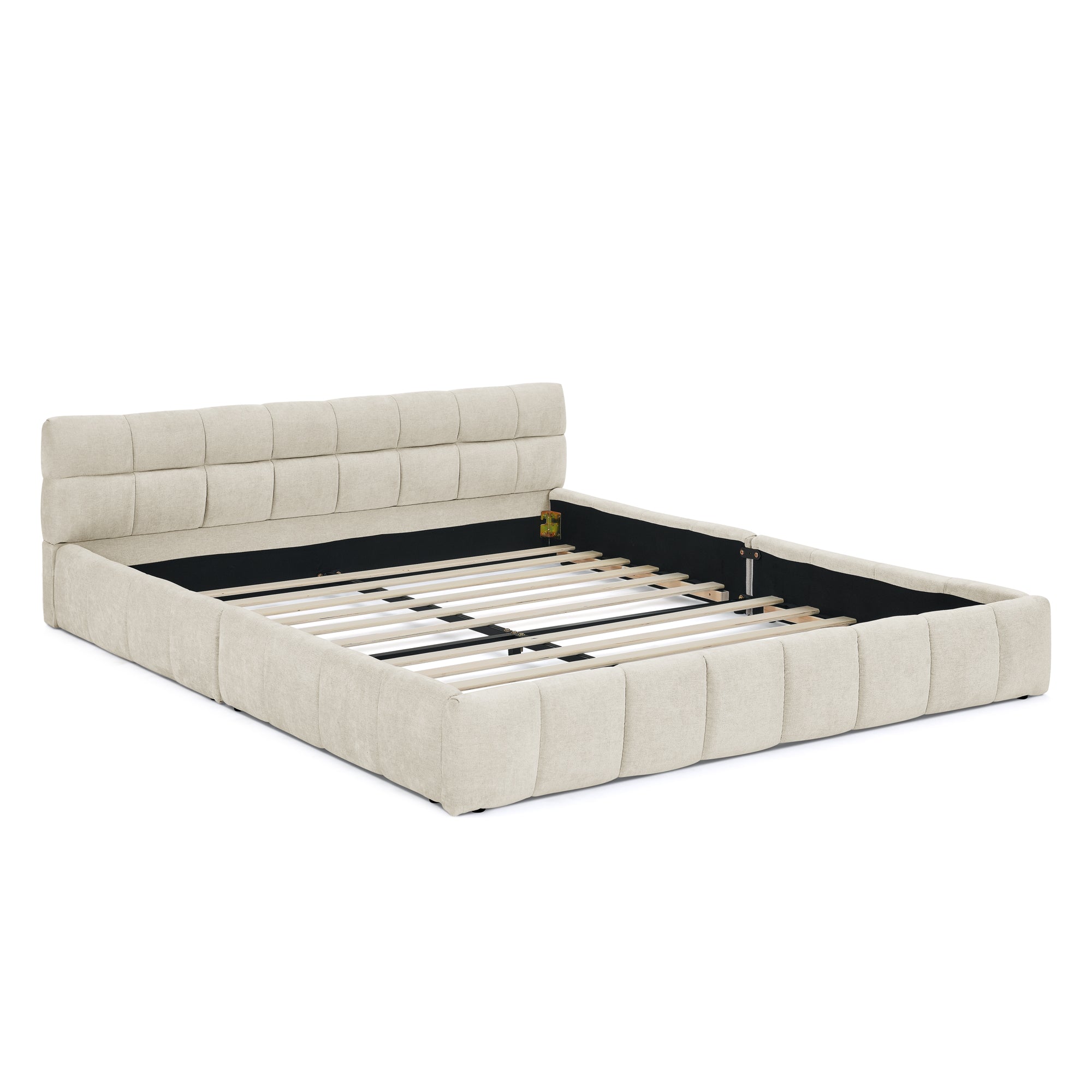 Logidon double bed 140x200 beige chenille eucalyptus wood metal frame