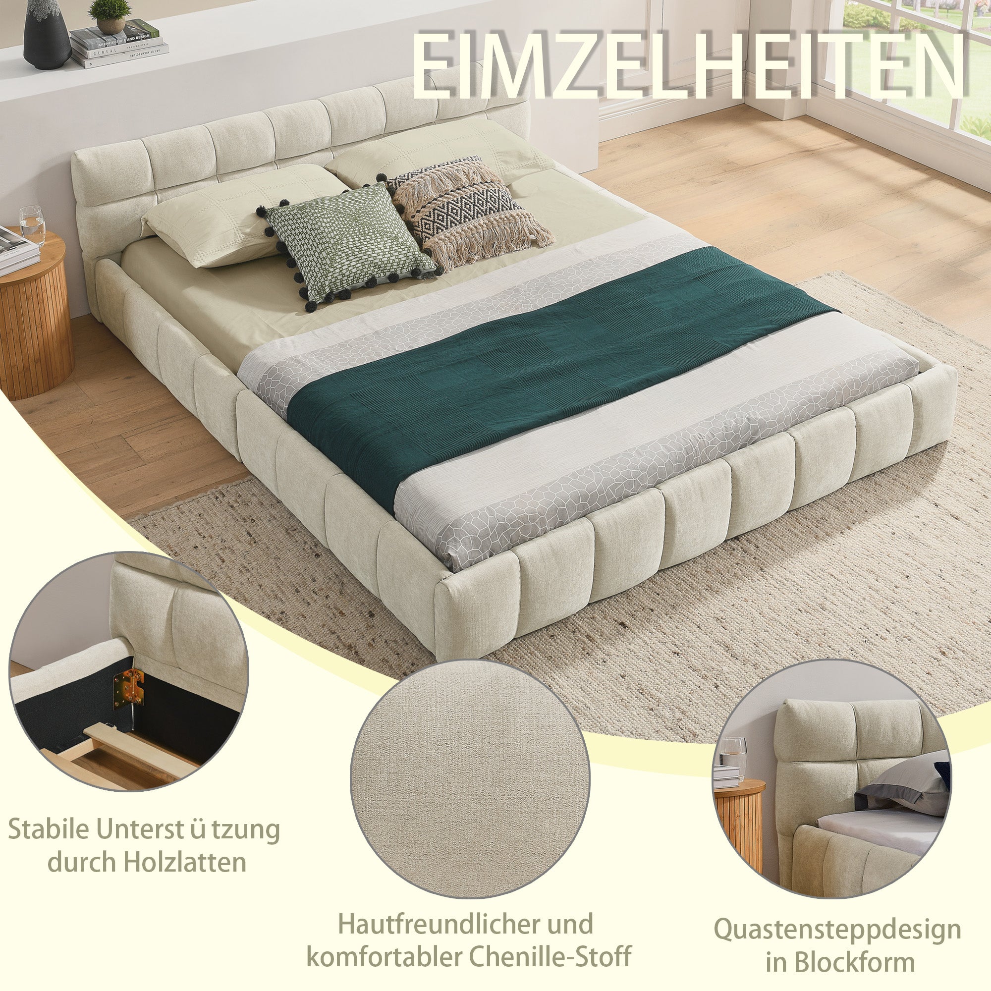 Logidon double bed 140x200 beige chenille eucalyptus wood metal frame