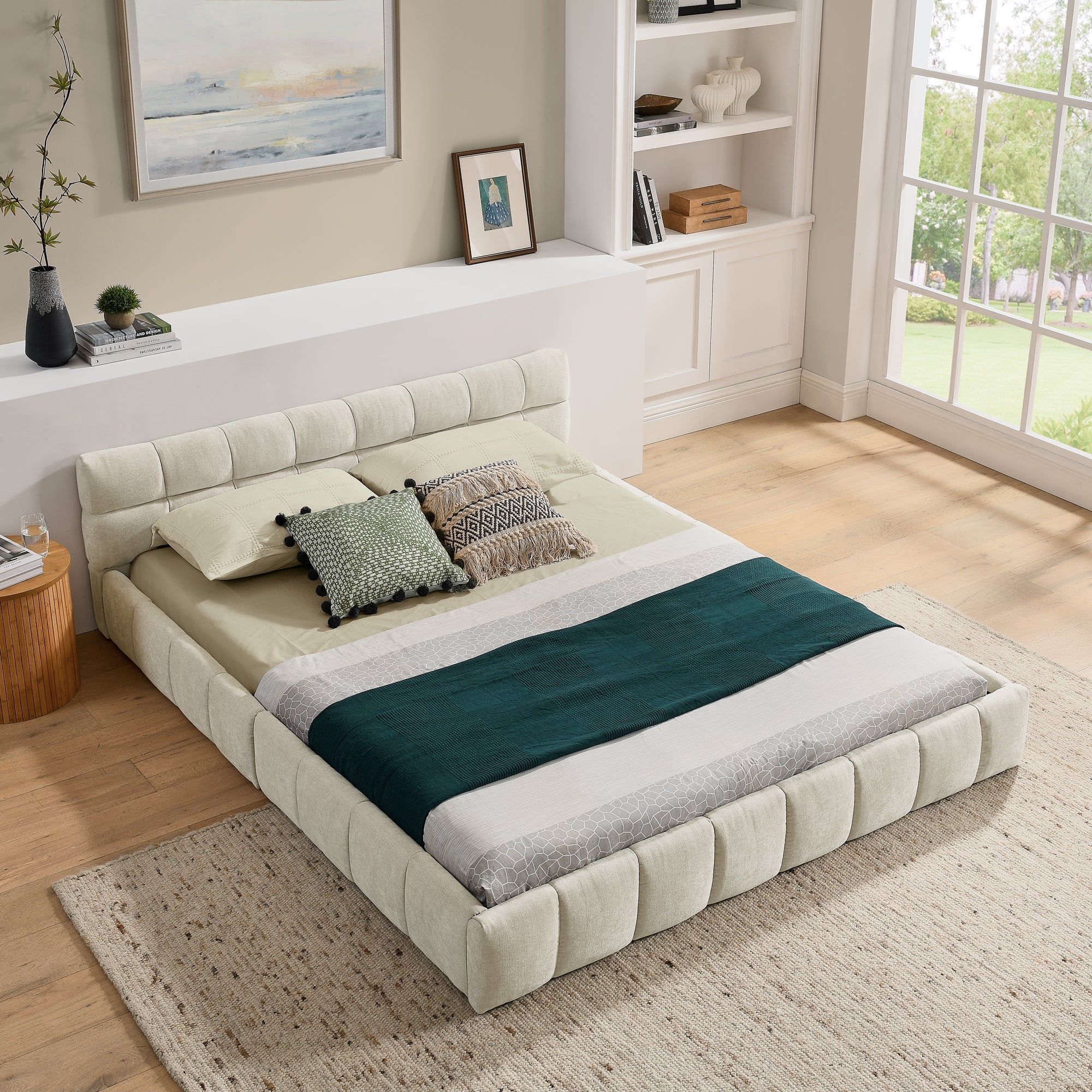 Logidon double bed 140x200 beige chenille eucalyptus wood metal frame