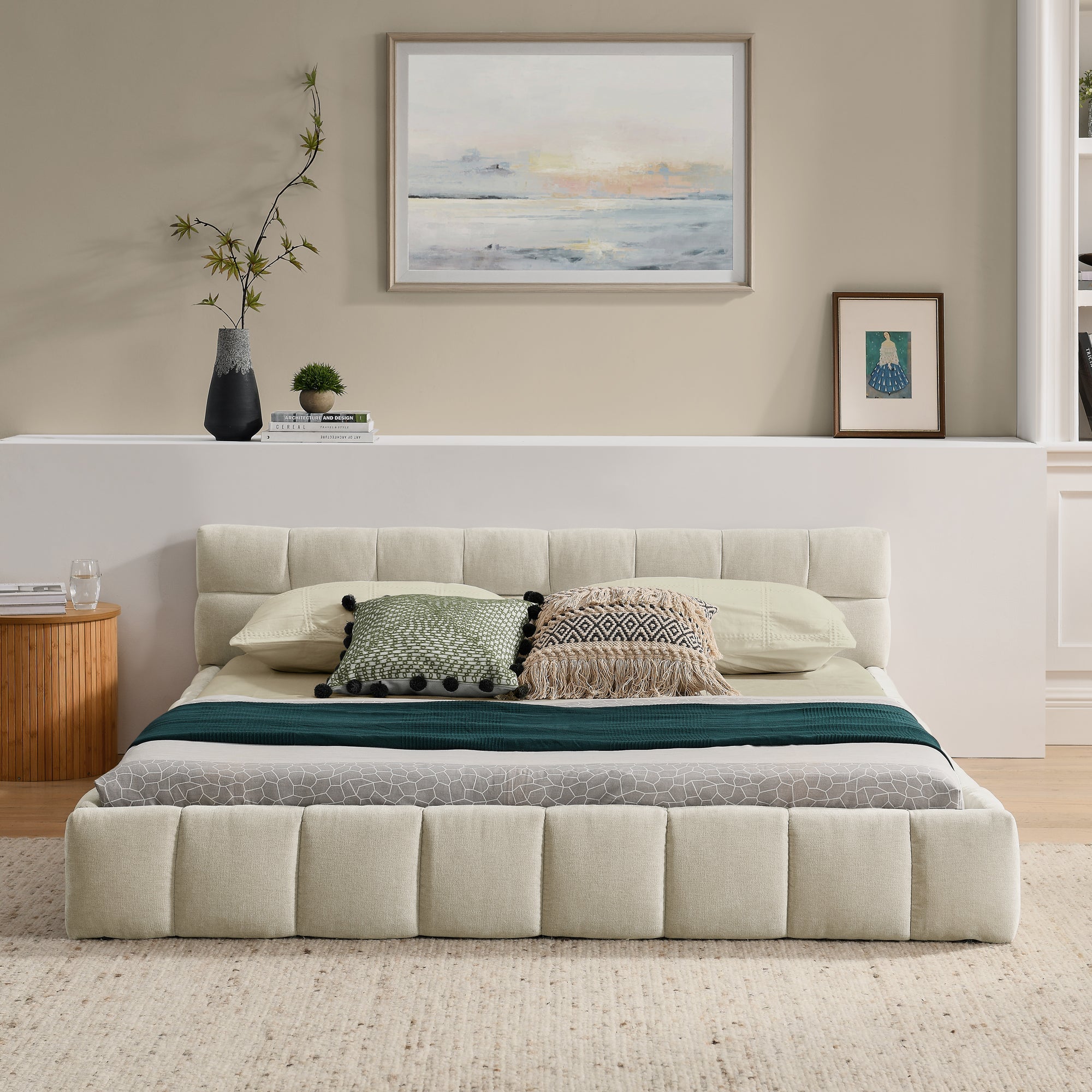 Logidon double bed 140x200 beige chenille eucalyptus wood metal frame