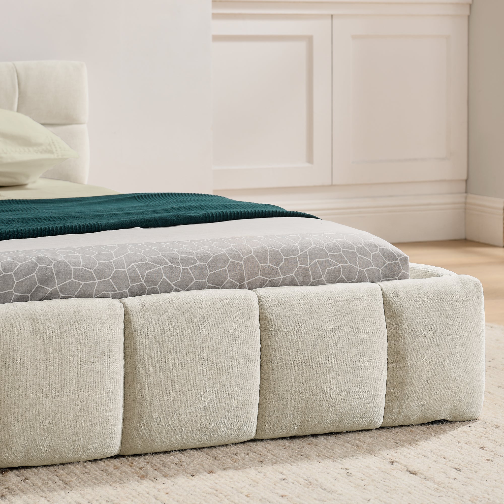 Logidon double bed 140x200 beige chenille eucalyptus wood metal frame
