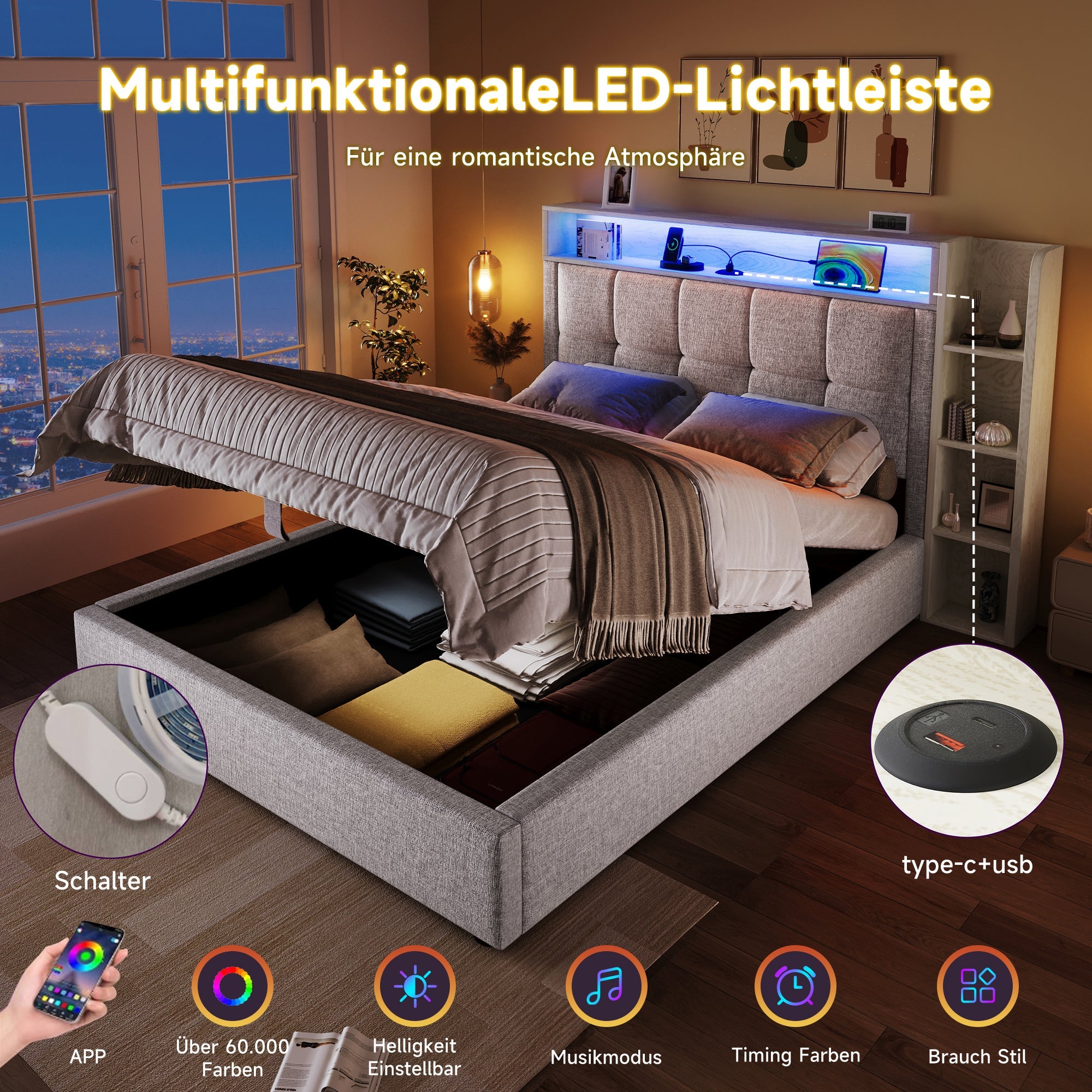 Logidon gestoffeerd bed 90x200 cm beige USB C oplaadfunctie opbergruimte