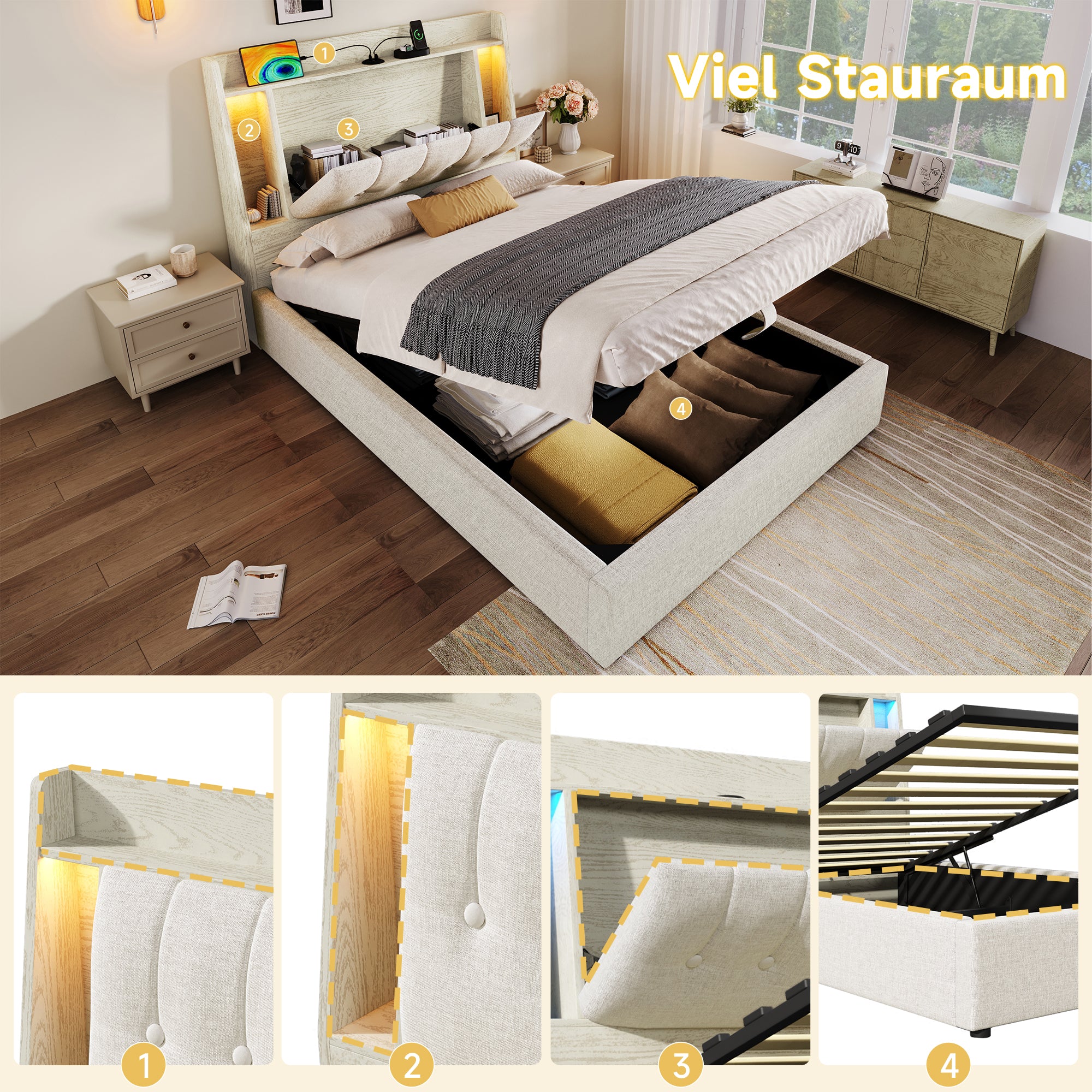 Logidon gestoffeerd bed 90x200 beige linnenlook USB C oplaadfunctie LED