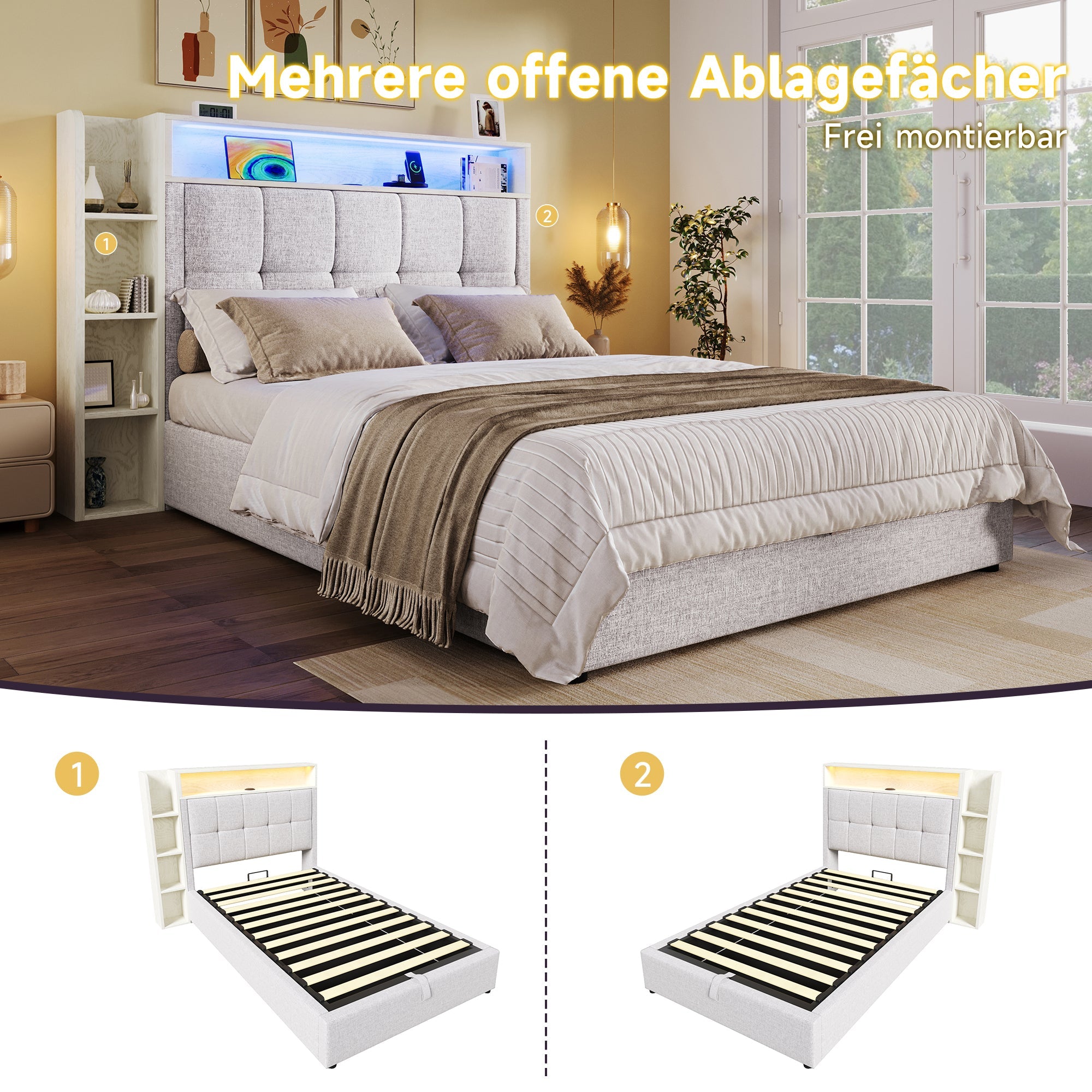Logidon gestoffeerd bed 90x200 cm beige USB C oplaadfunctie opbergruimte