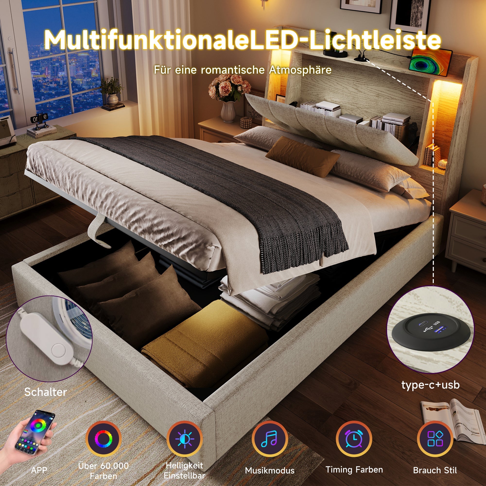 Logidon gestoffeerd bed 90x200 beige linnenlook USB C oplaadfunctie LED