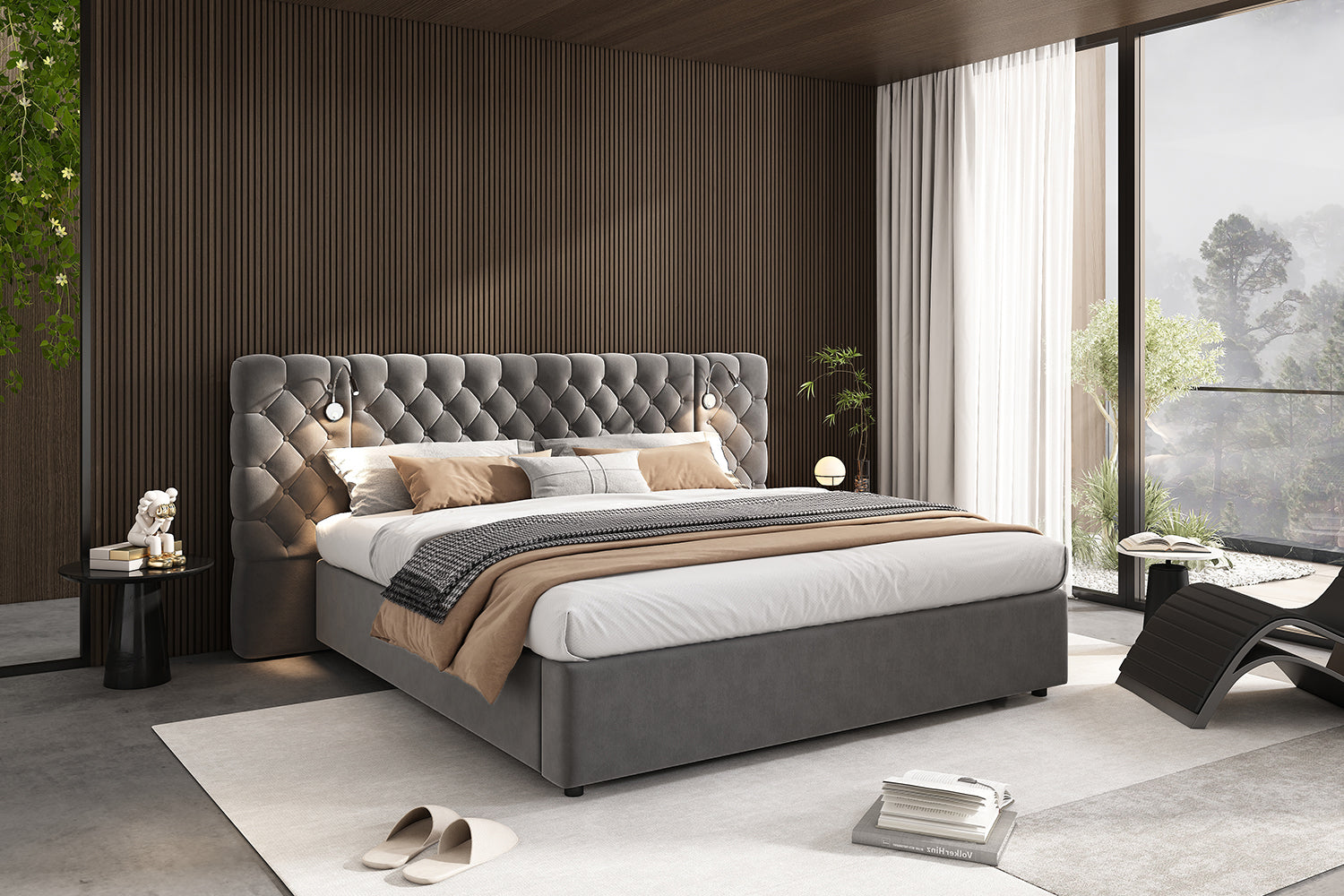 Logidon gestoffeerd bed 160x200 cm grijs fluweel opbergruimte LED verlichting hoofdeinde