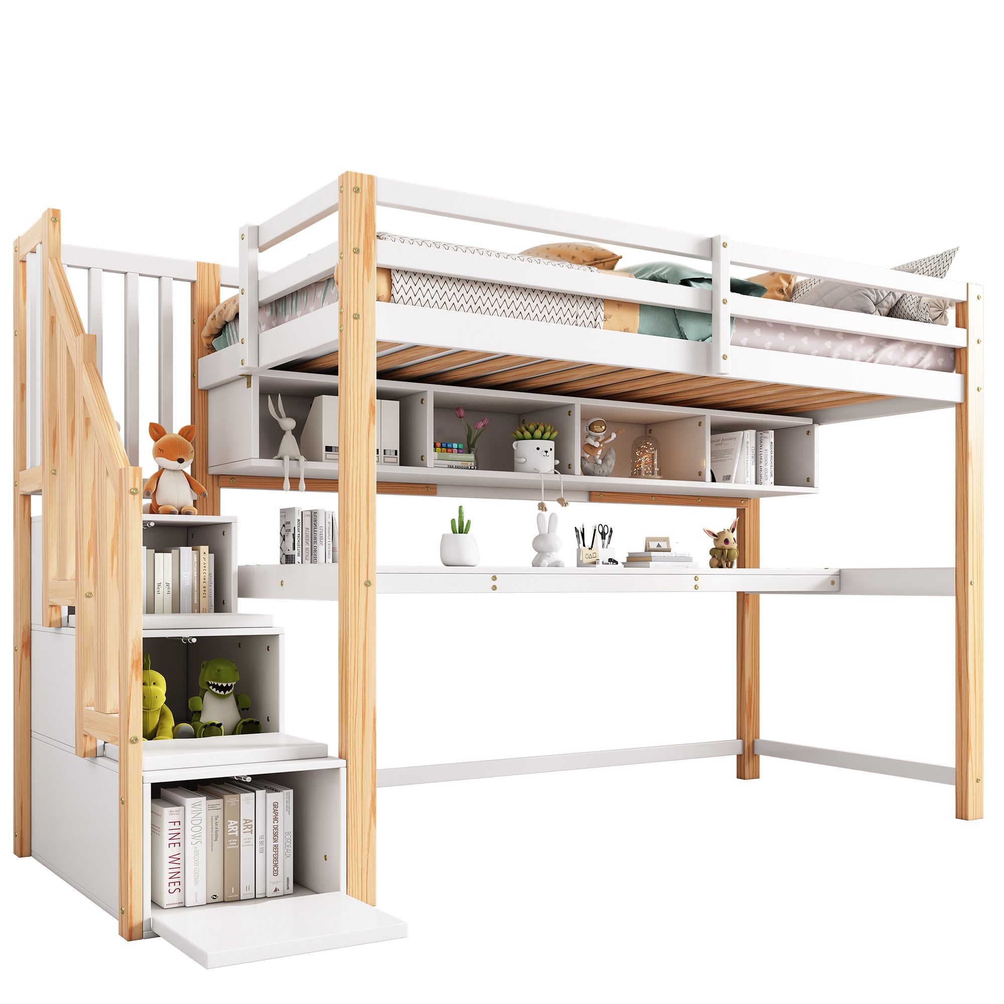 Logidon kinderhoogslaper 90x200 wit met groot bureau en planken