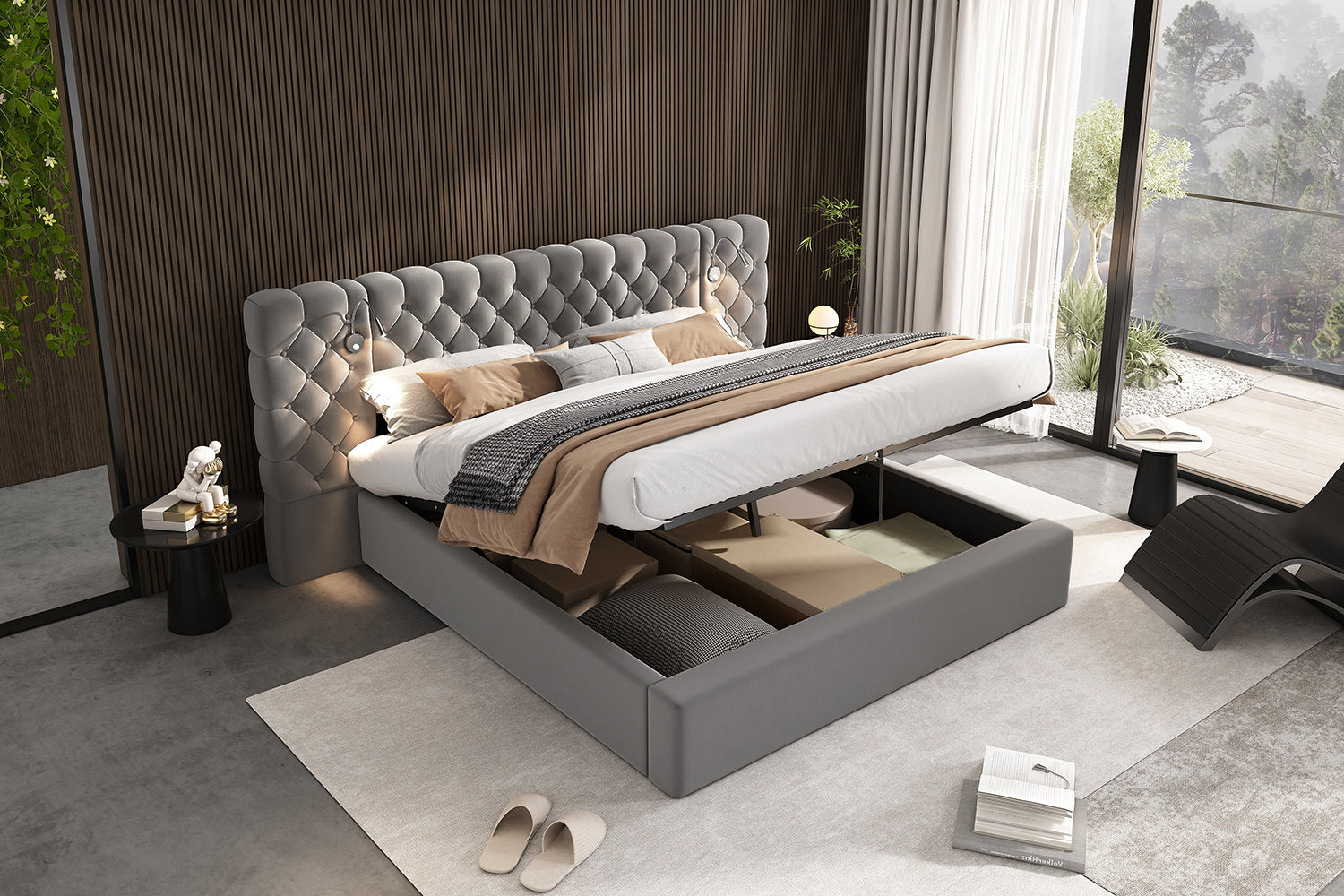 Logidon gestoffeerd bed 160x200 cm grijs fluweel opbergruimte LED verlichting hoofdeinde