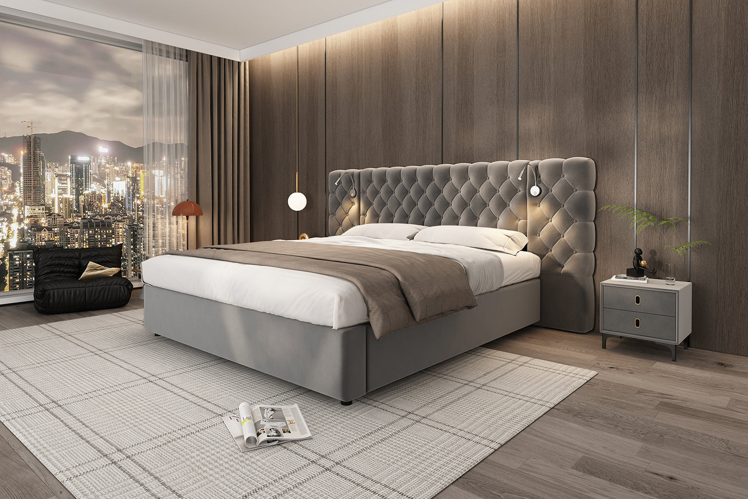 Logidon gestoffeerd bed 160x200 cm grijs fluweel opbergruimte LED verlichting hoofdeinde