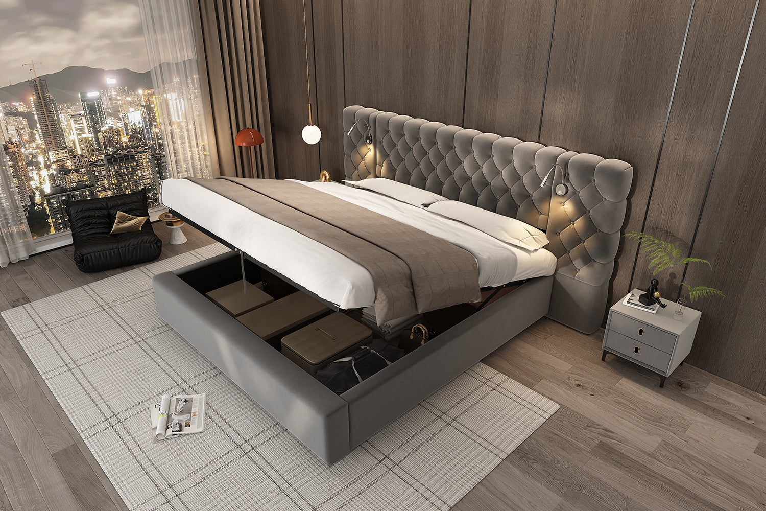 Logidon gestoffeerd bed 160x200 cm grijs fluweel opbergruimte LED verlichting hoofdeinde