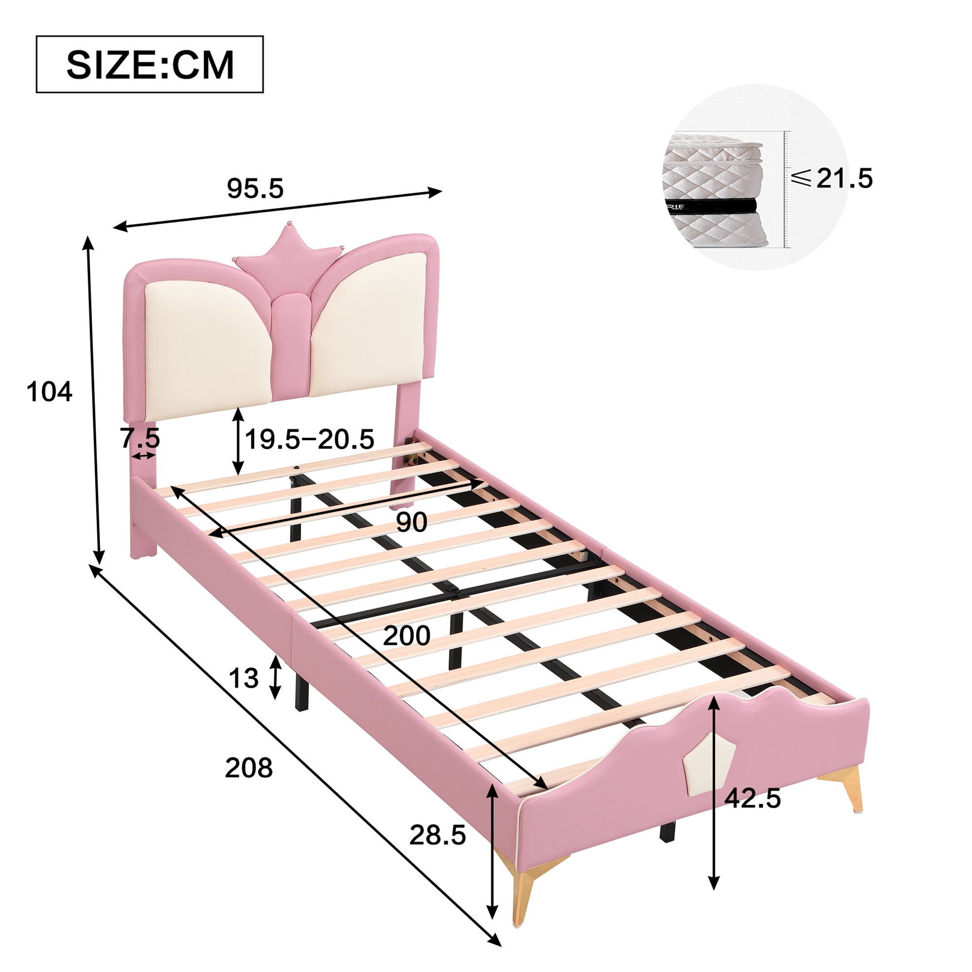 Logidon gestoffeerd bed 90x200cm roze wit kroonvormig hoofdeinde