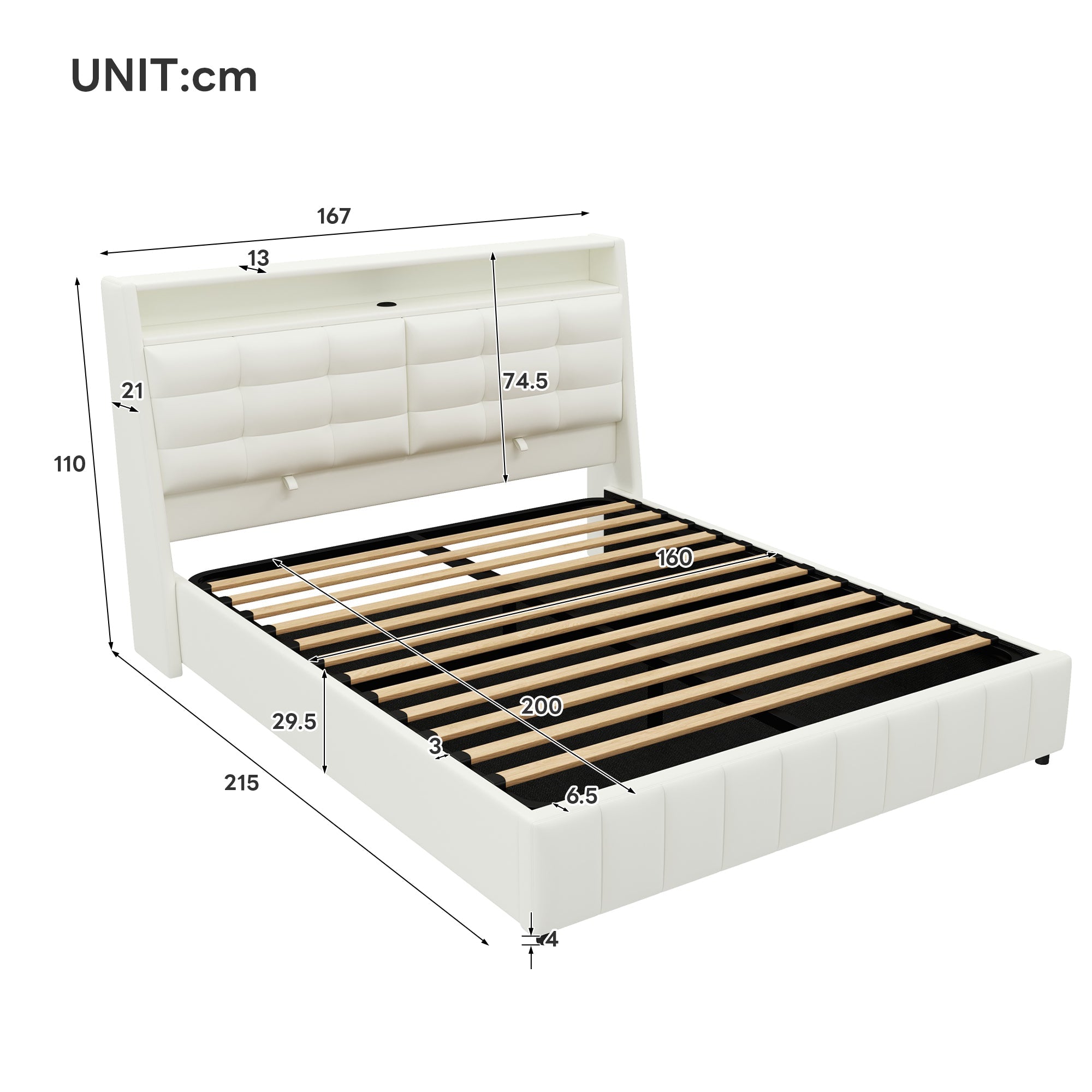 Logidon gewatteerd platformbed 160x200 met LED-licht en USB wit