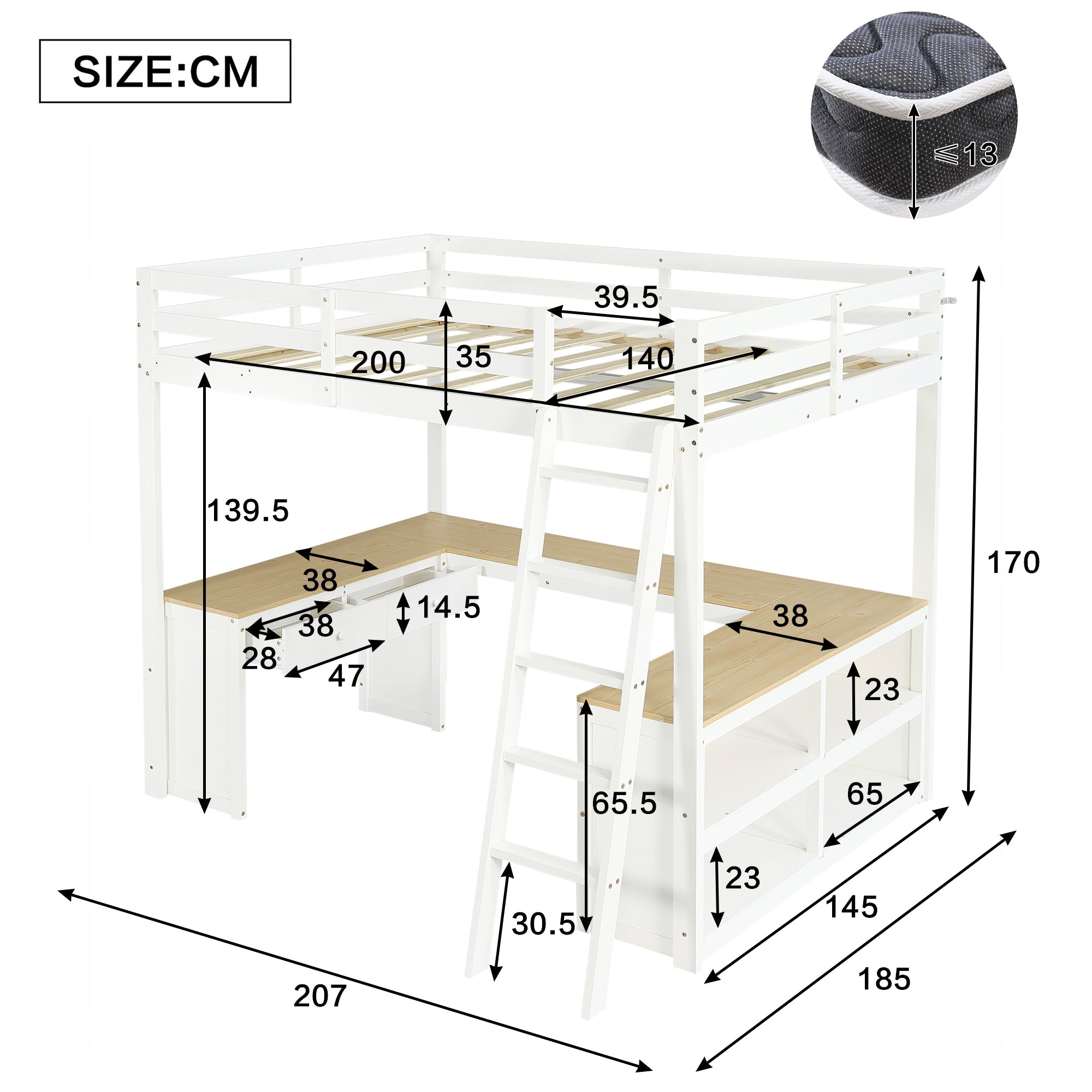 Logidon hoogslaper 140x200 cm wit naturel U-vormige lange tafel 2 lades