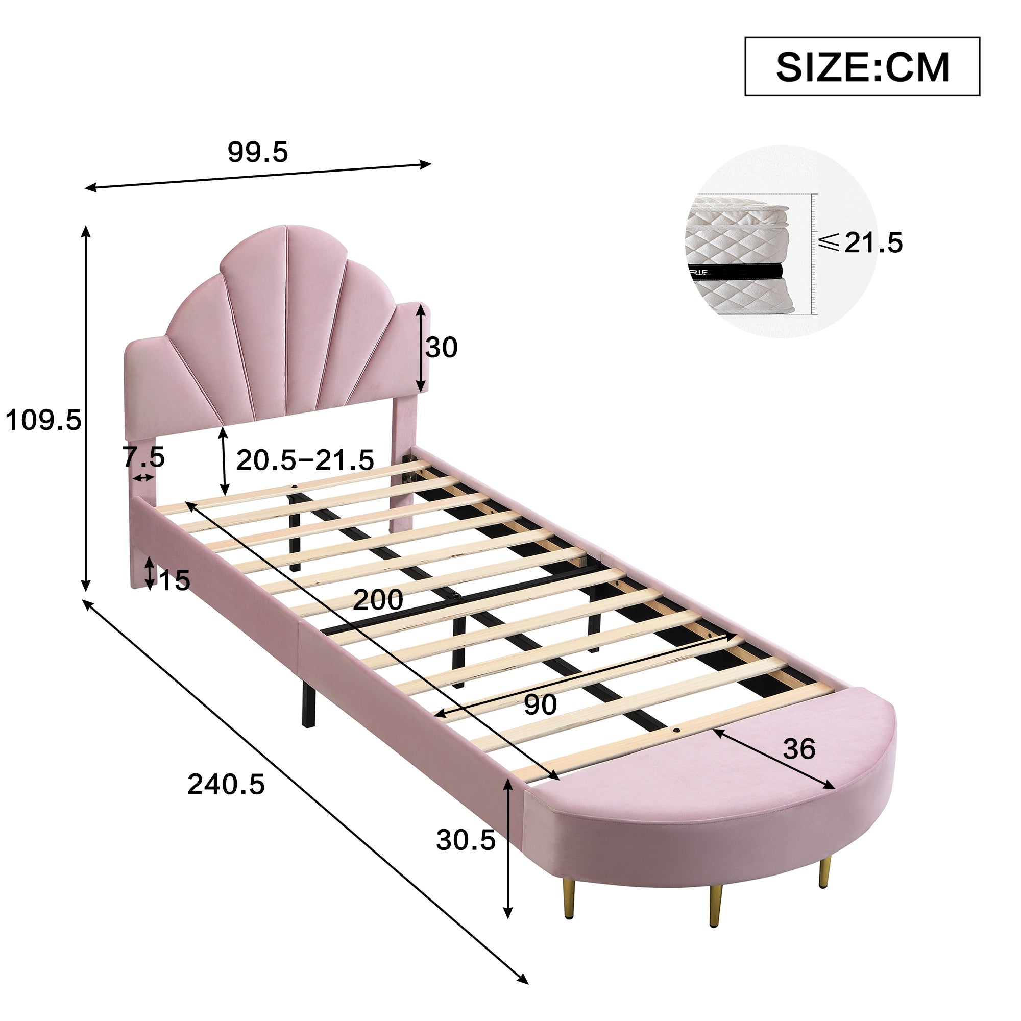 Logidon gestoffeerd bed 90x200 cm roze fluweel met bedbank en fluwelen hoofdbord