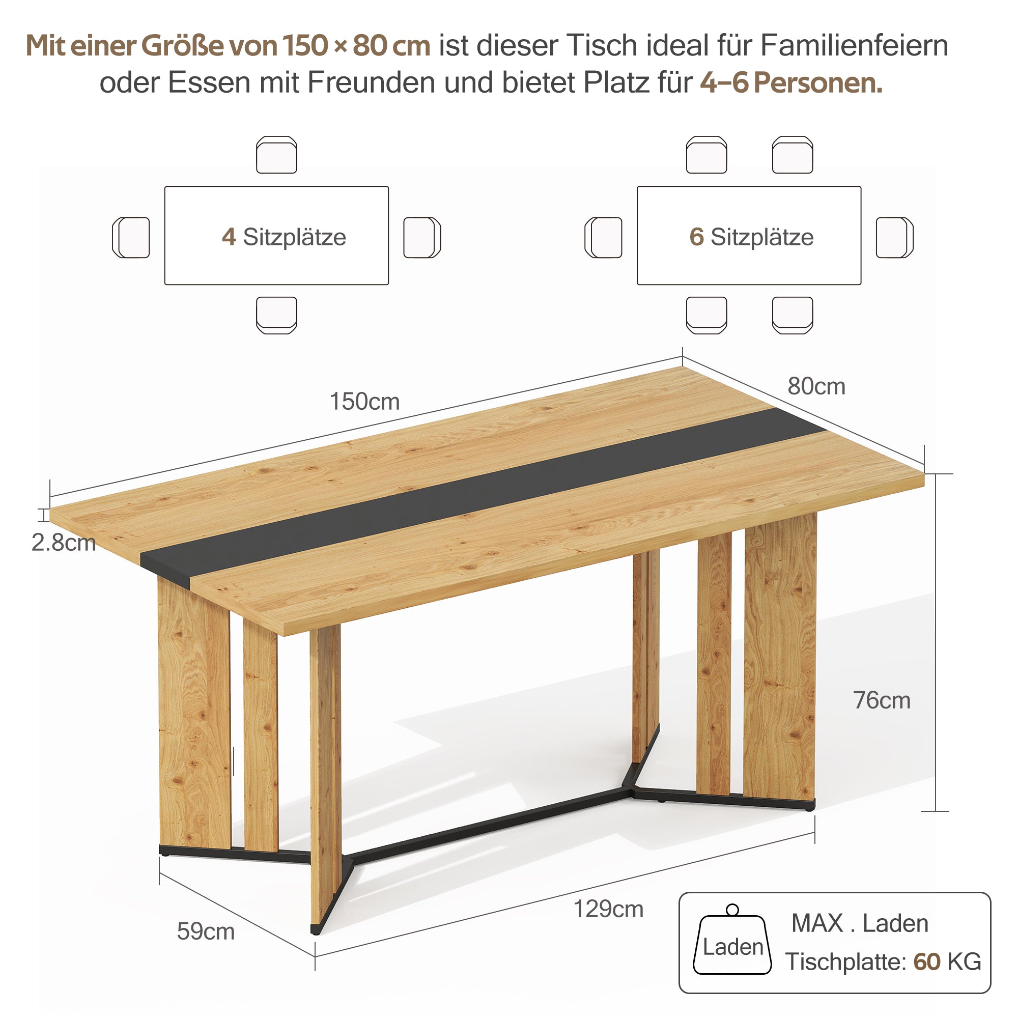Logidon eettafel 150x80 cm Scandinavisch hout eikenlook waterdicht
