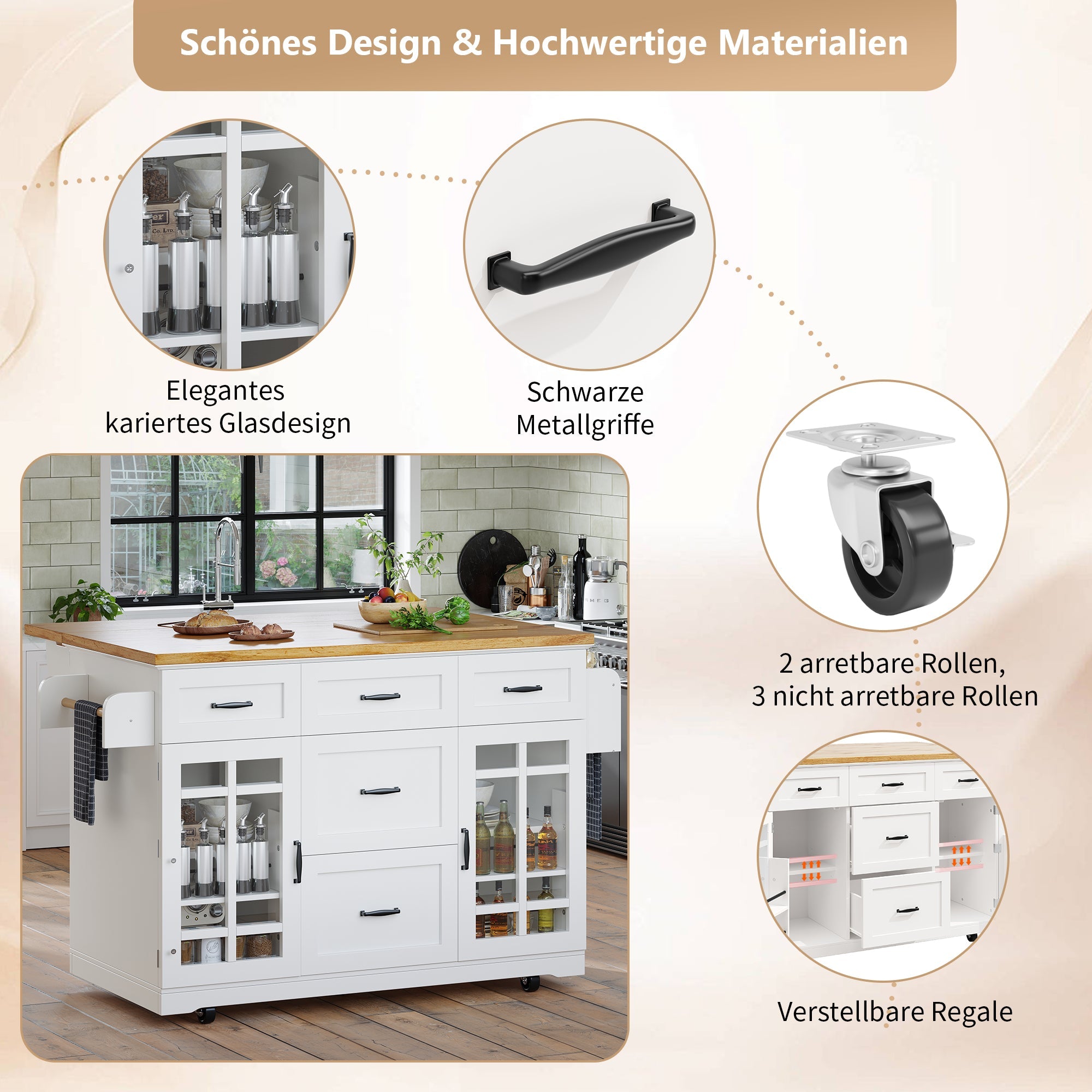 Logidon Keukeneiland Wit Houten Blad 140x40x95 cm Met Wielen