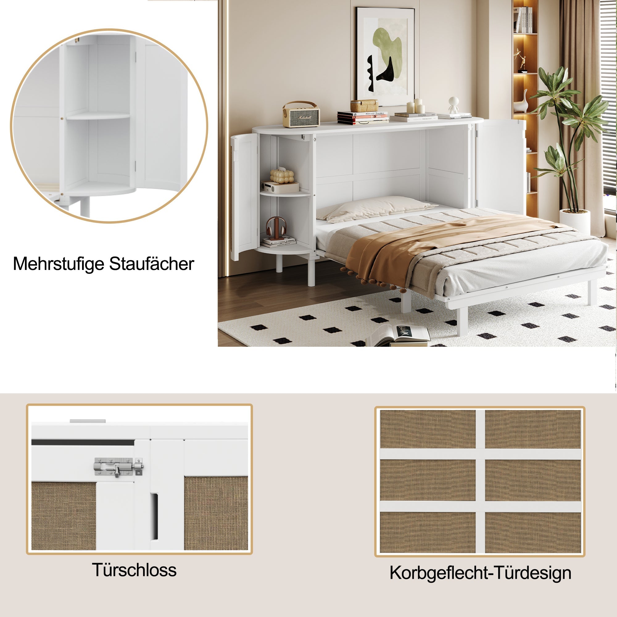 Logidon opklapbed 140x200 cm met lattenbodem, opbergvakken, wit