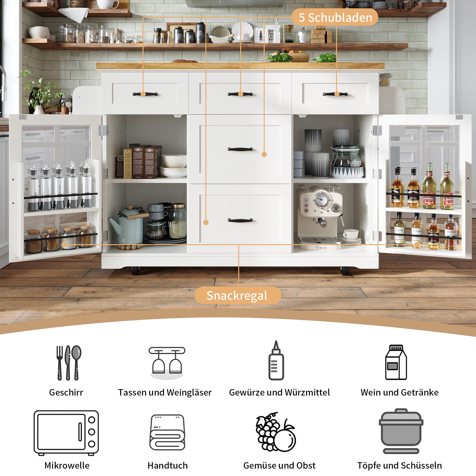 Logidon Keukeneiland Wit Houten Blad 140x40x95 cm Met Wielen