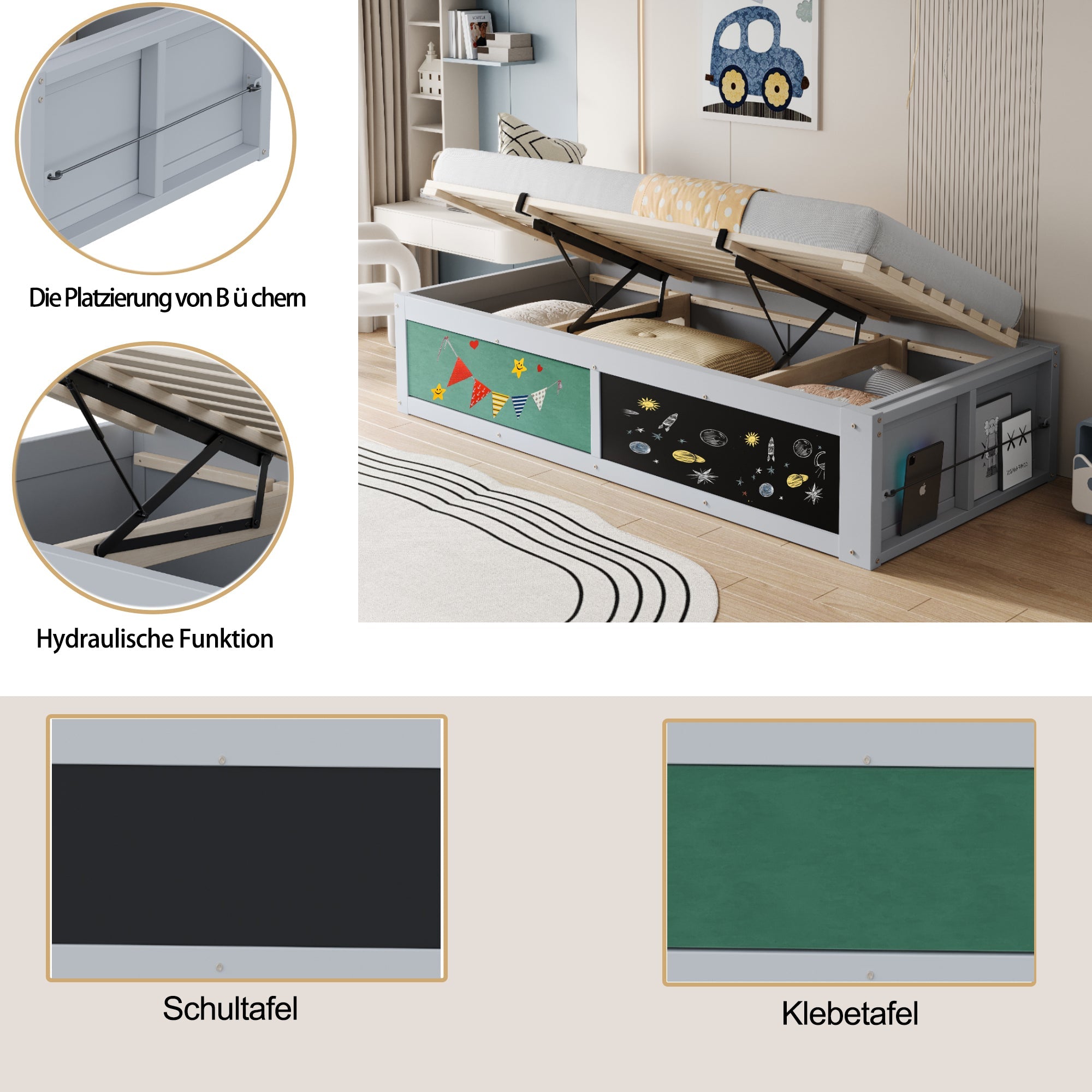 Logidon Kinderbed 90x200 cm met hydraulische opbergruimte Grijs