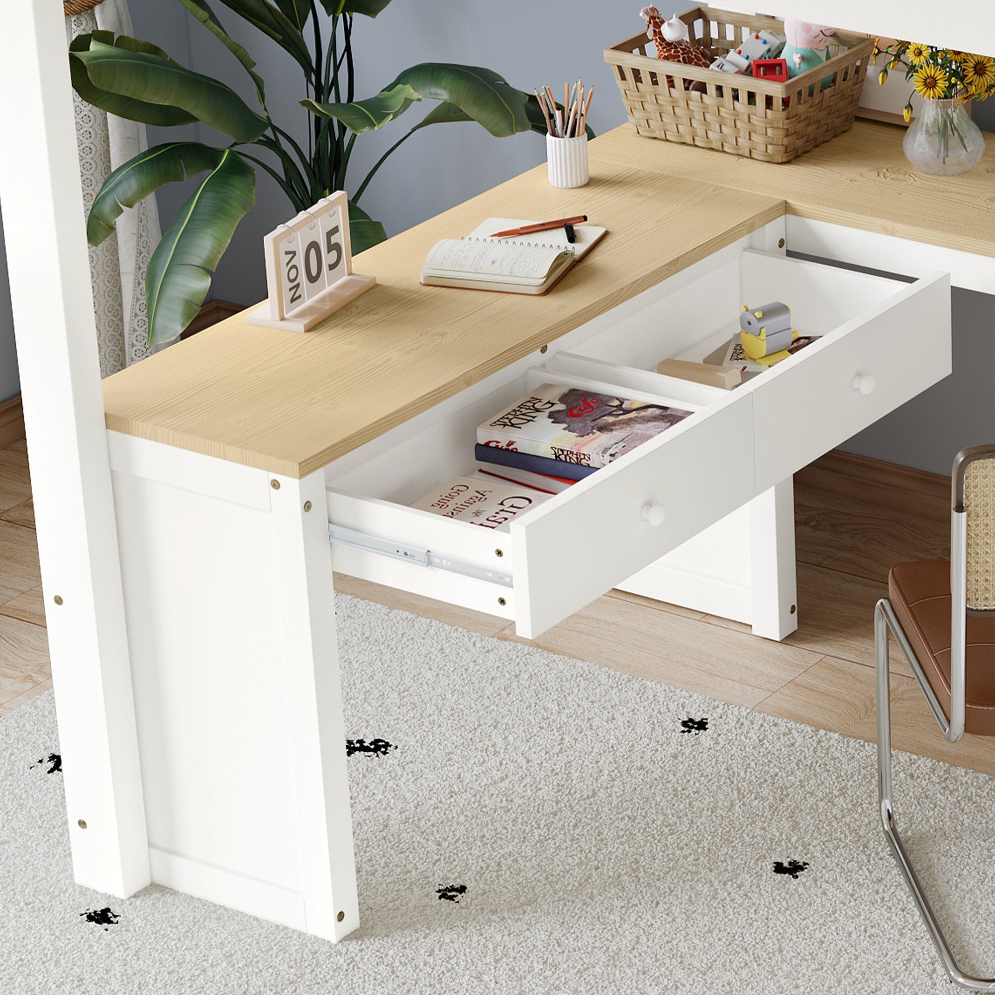Logidon hoogslaper 140x200 cm wit naturel U-vormige lange tafel 2 lades