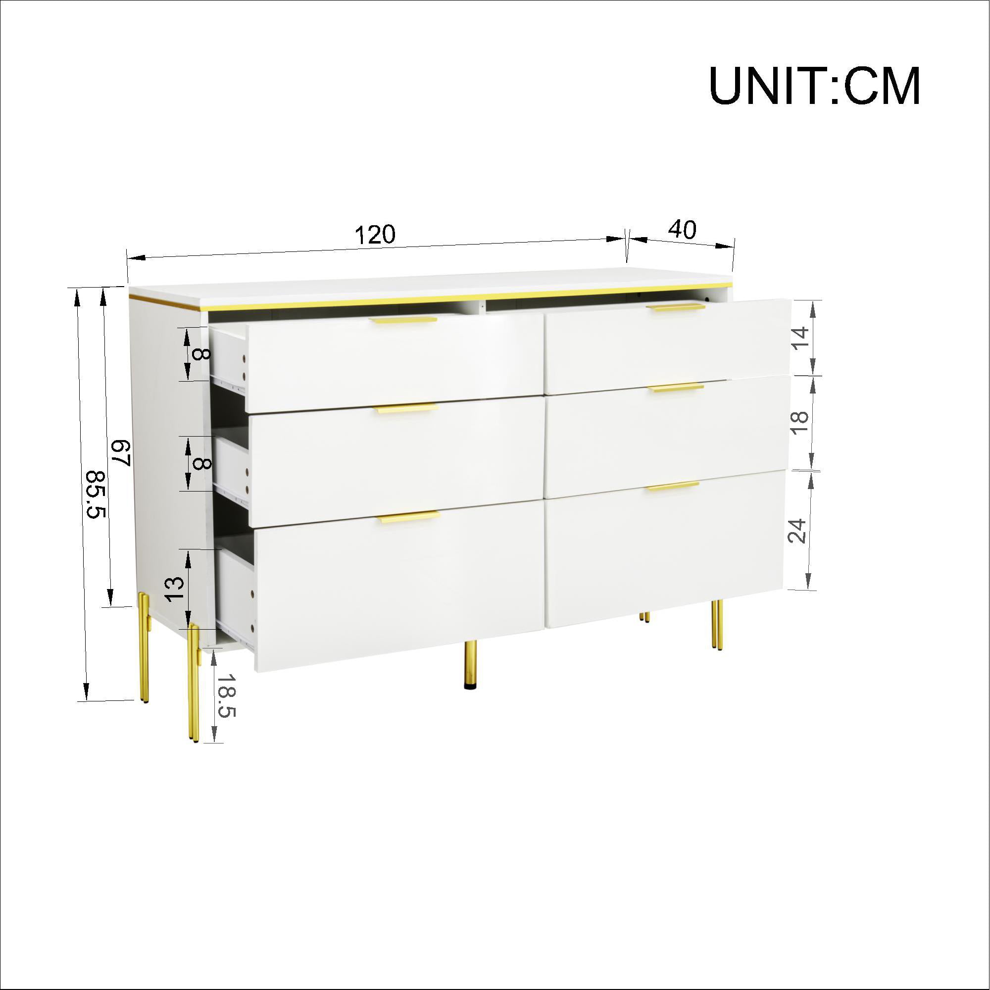 Logidon dressoir wit goud hoogglans 6 lades 120 cm