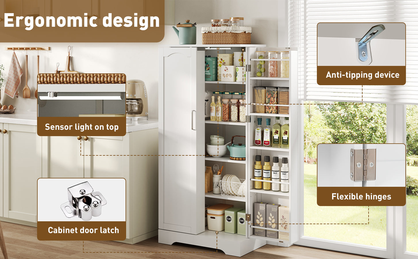 Logidon 60x35x128cm witte keukenkast LED-sensorlicht verstelbare planken