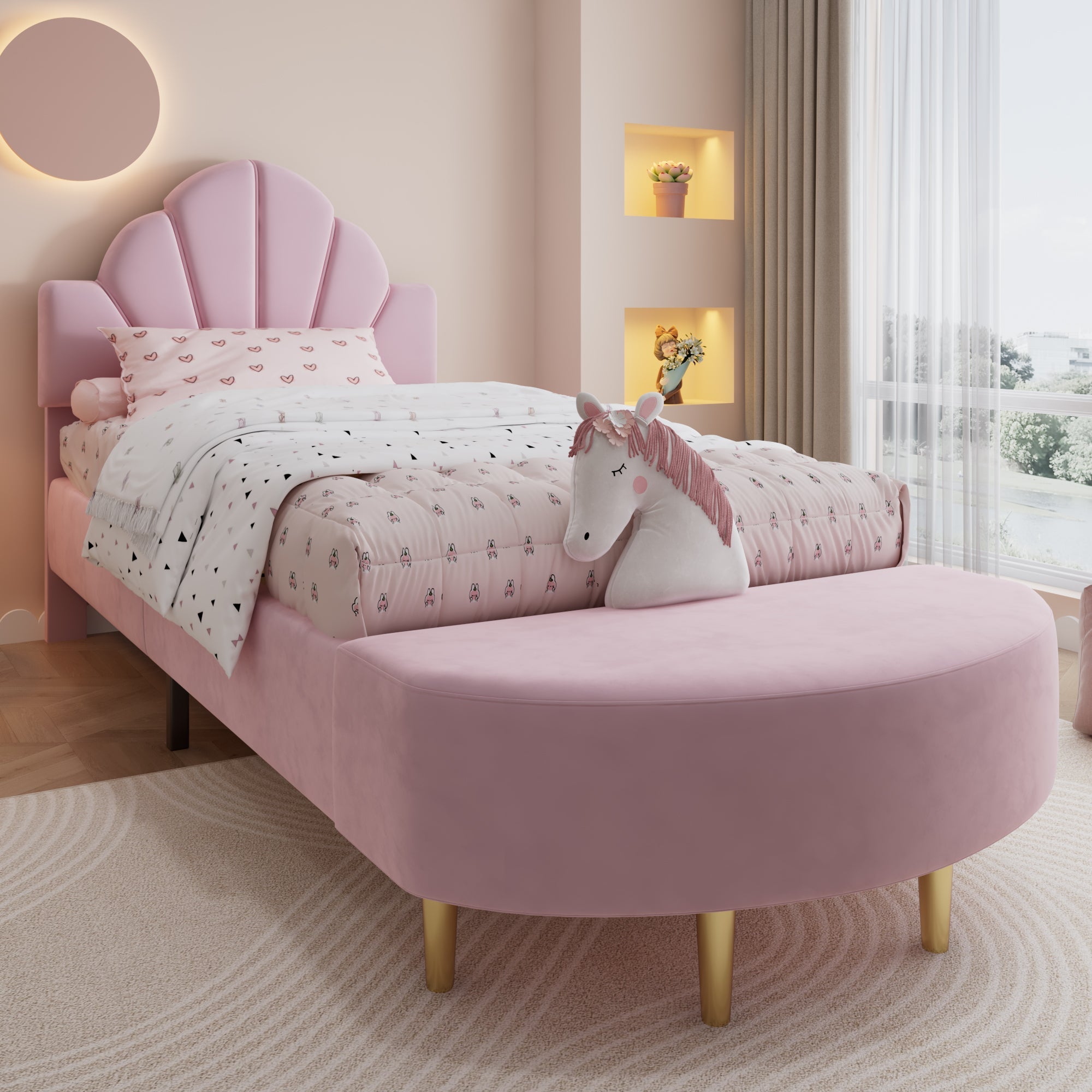 Logidon gestoffeerd bed 90x200 cm roze fluweel met bedbank en fluwelen hoofdbord