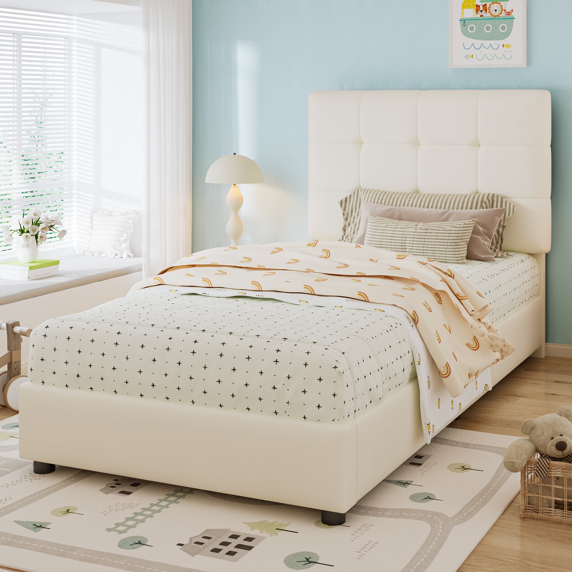 Logidon gestoffeerd bed 90x200 beige biscuit hoofdeinde zachte rugleuning
