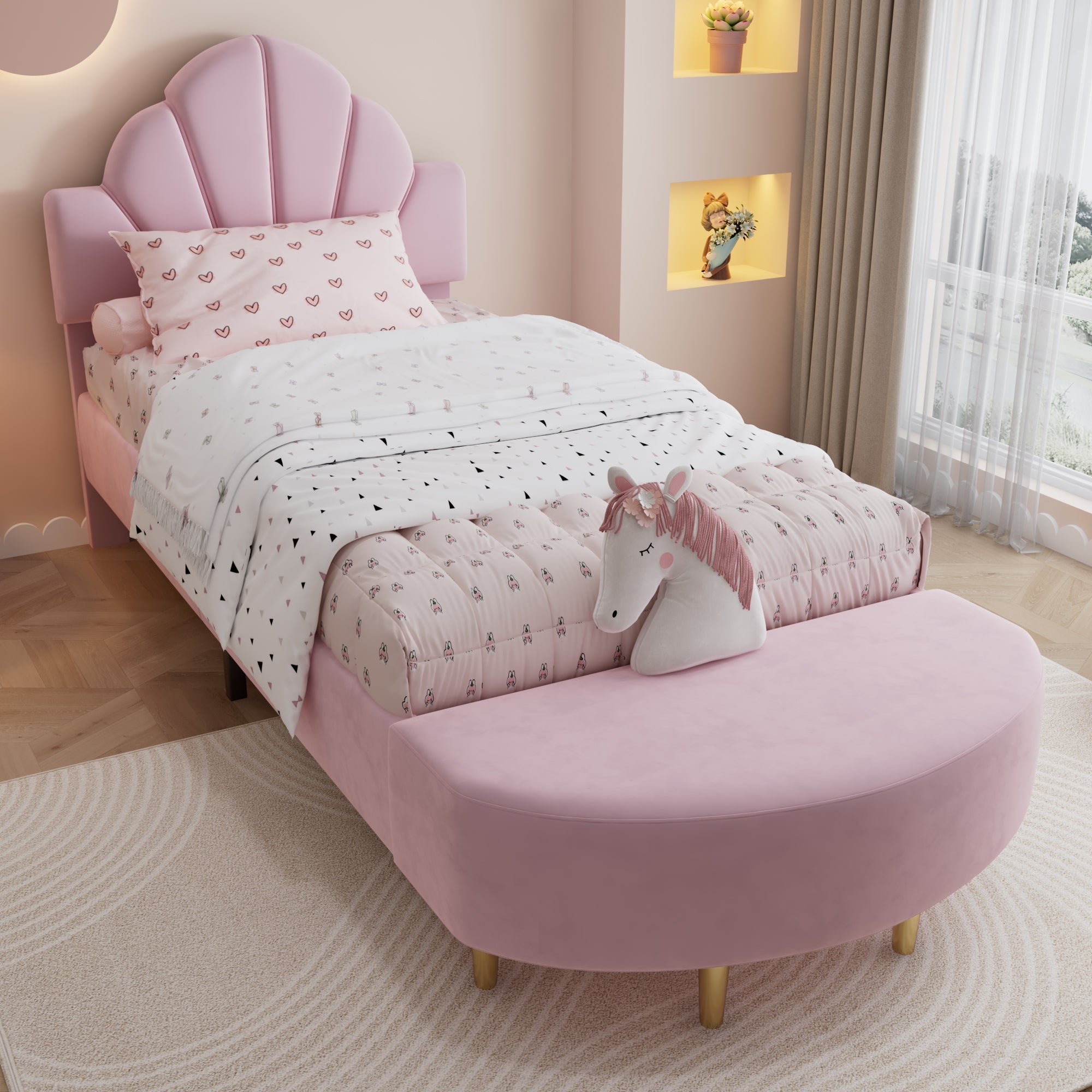 Logidon gestoffeerd bed 90x200 cm roze fluweel met bedbank en fluwelen hoofdbord