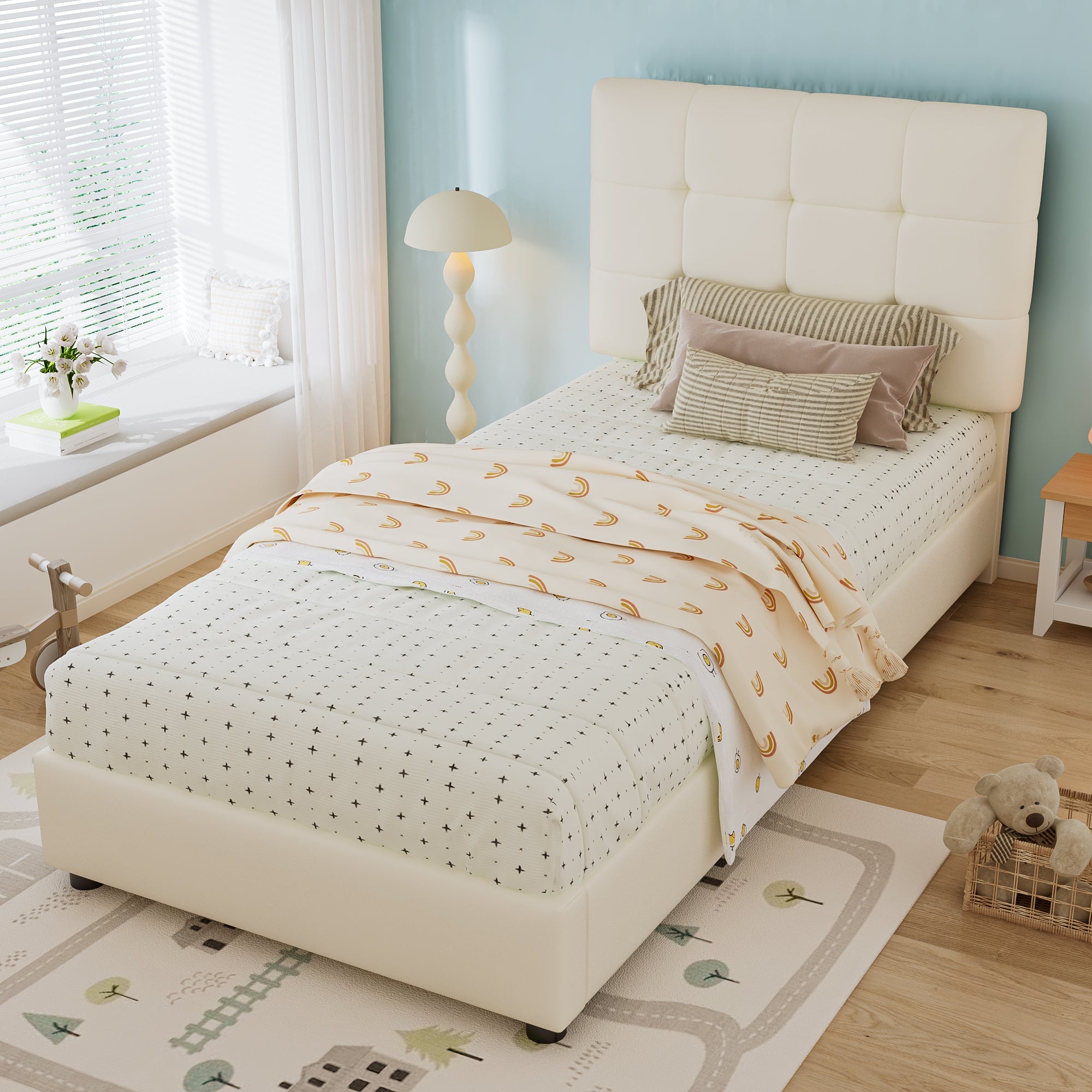 Logidon gestoffeerd bed 90x200 beige biscuit hoofdeinde zachte rugleuning