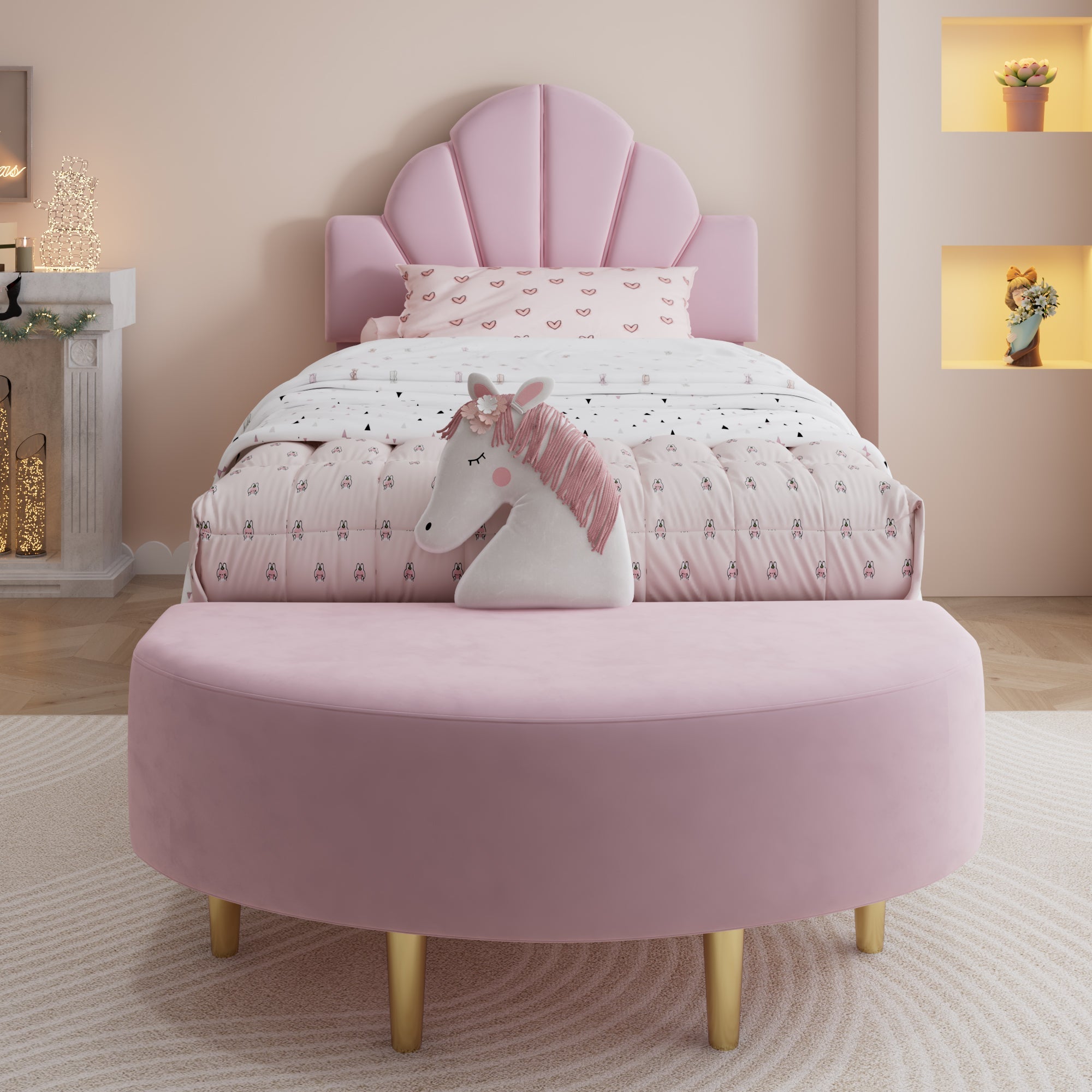 Logidon gestoffeerd bed 90x200 cm roze fluweel met bedbank en fluwelen hoofdbord