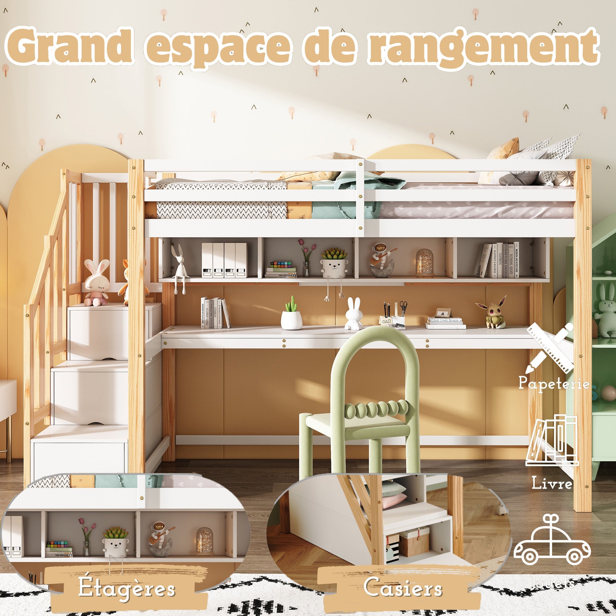 Logidon kinderhoogslaper 90x200 wit met groot bureau en planken