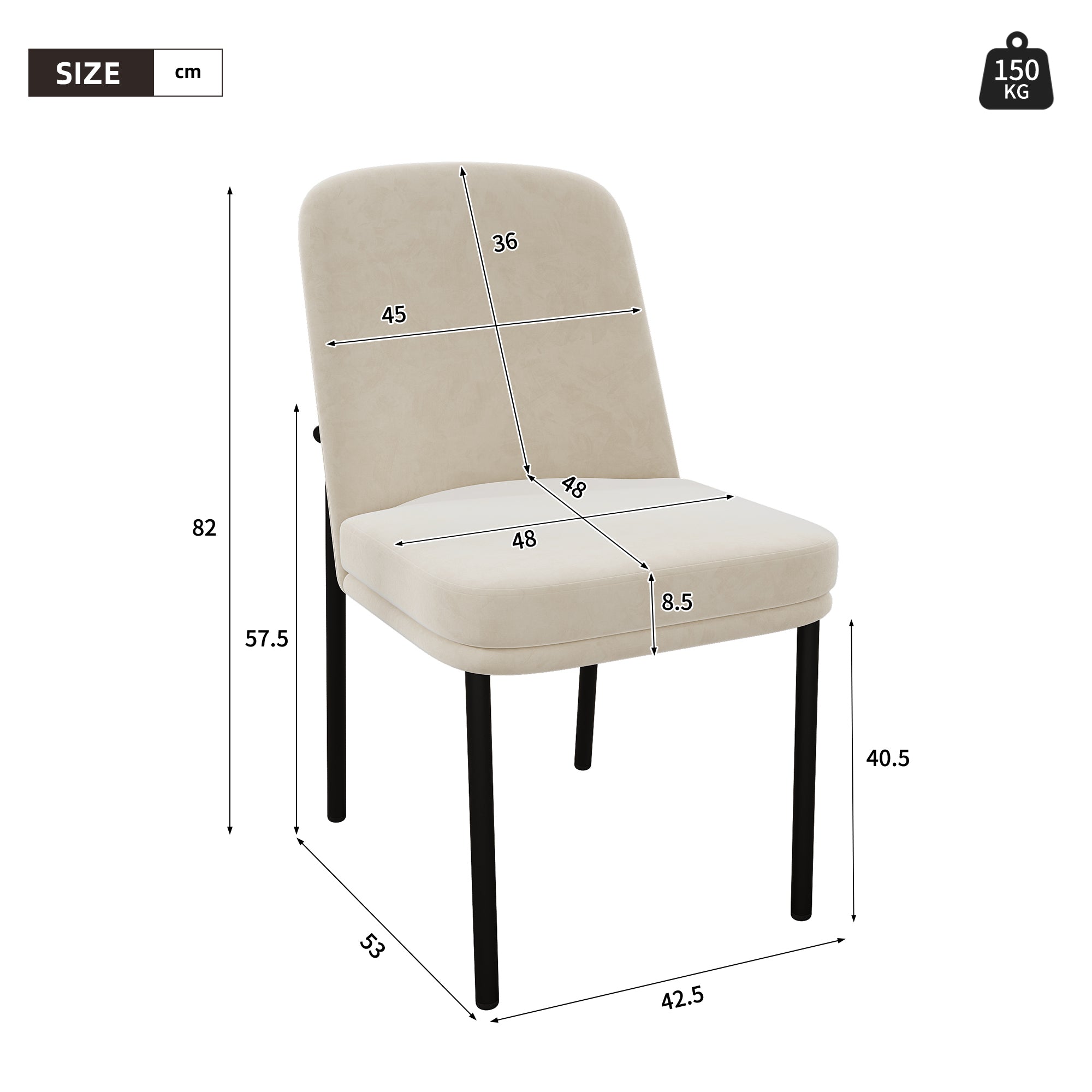 Logidon eetkamerstoelen set van 2 beige fluwelen dikke zitkussens metalen poten