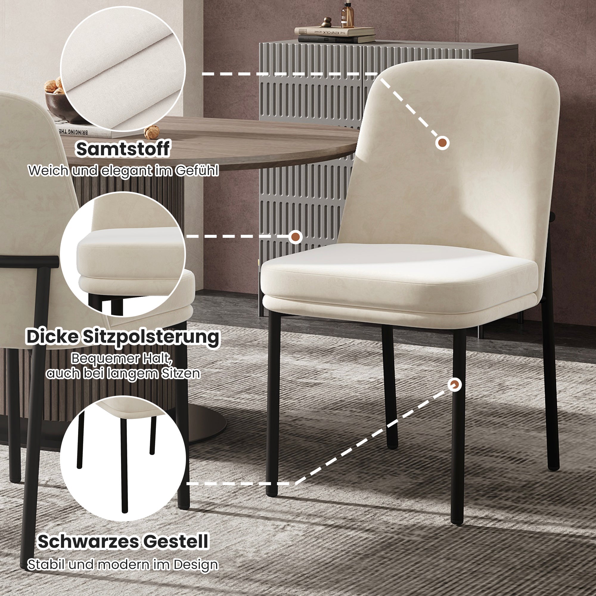 Logidon eetkamerstoelen set van 2 beige fluwelen dikke zitkussens metalen poten