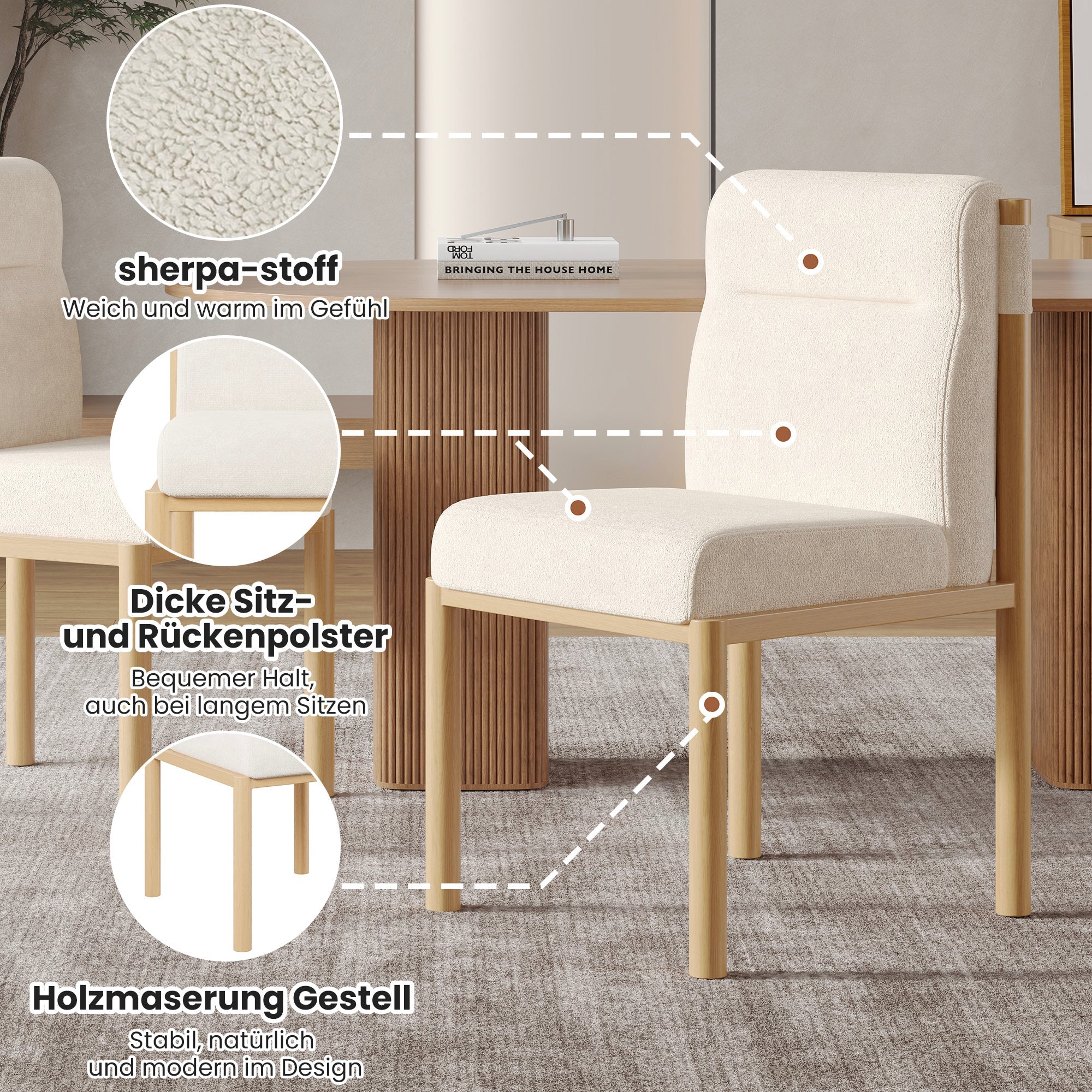 Logidon eetkamerstoelen set van 2 beige Sherpa stof eikenhoutlook